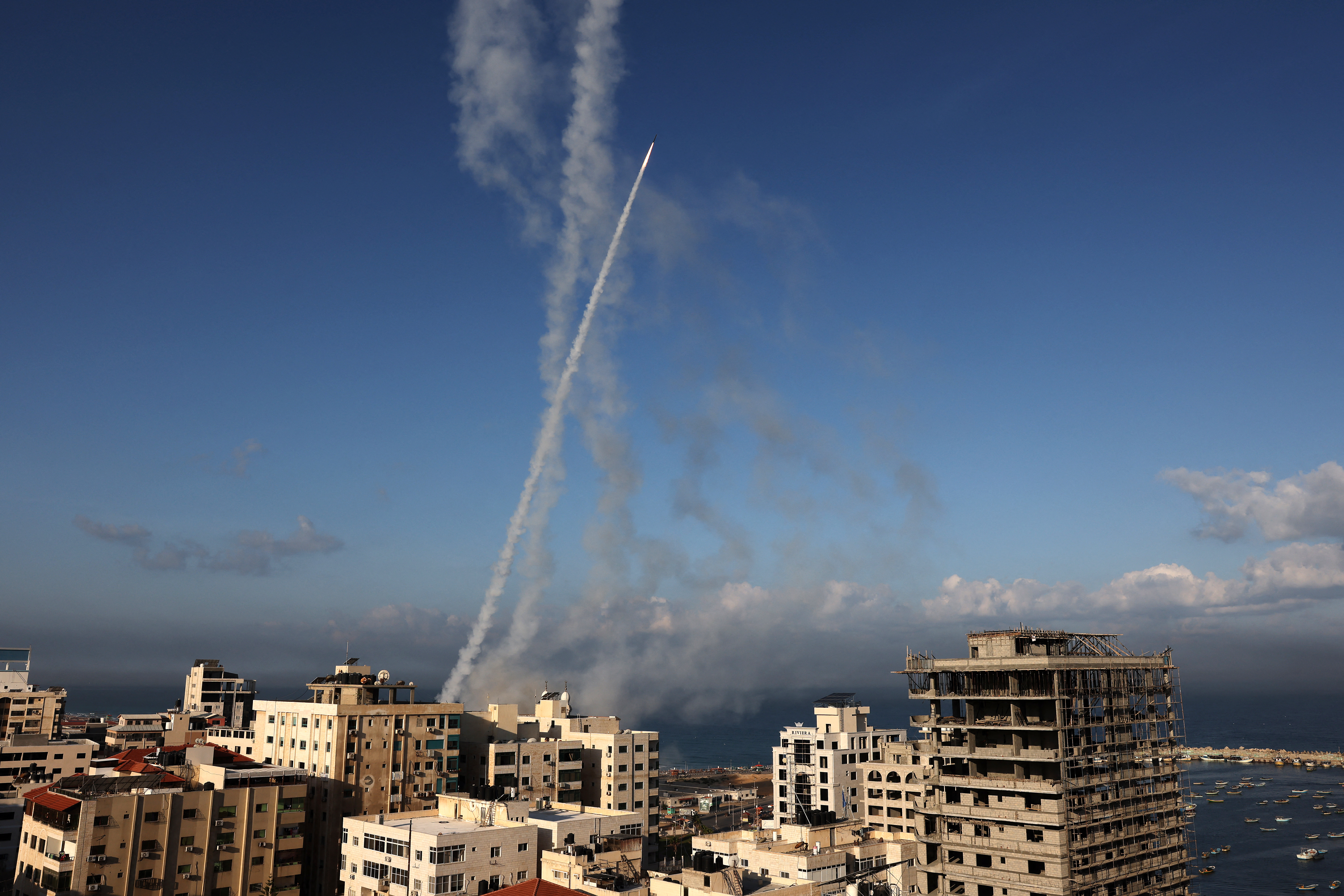 Rockets are fired from Gaza City towards Israel