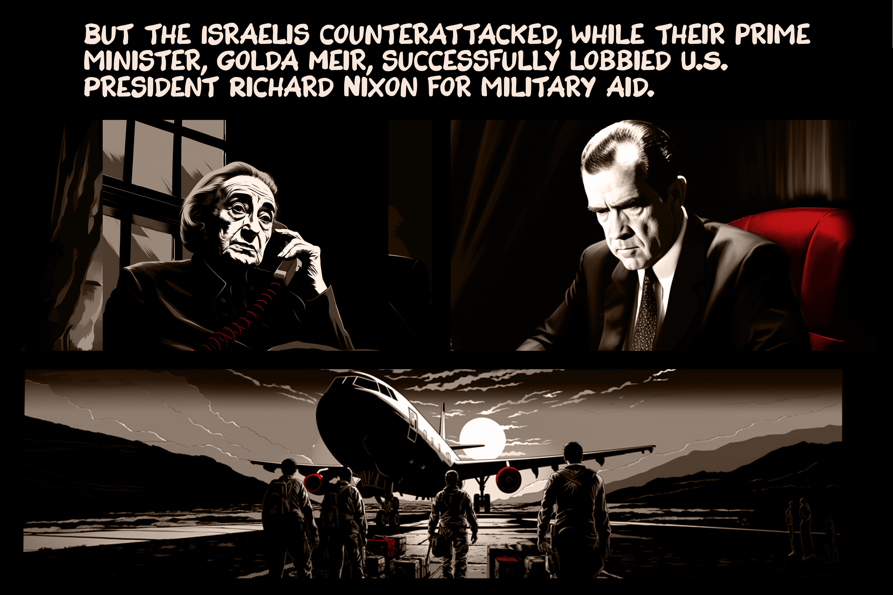But the Israelis counterattacked, while their prime minister, Golda Meir, successfully lobbied US President Richard Nixon for military aid.
