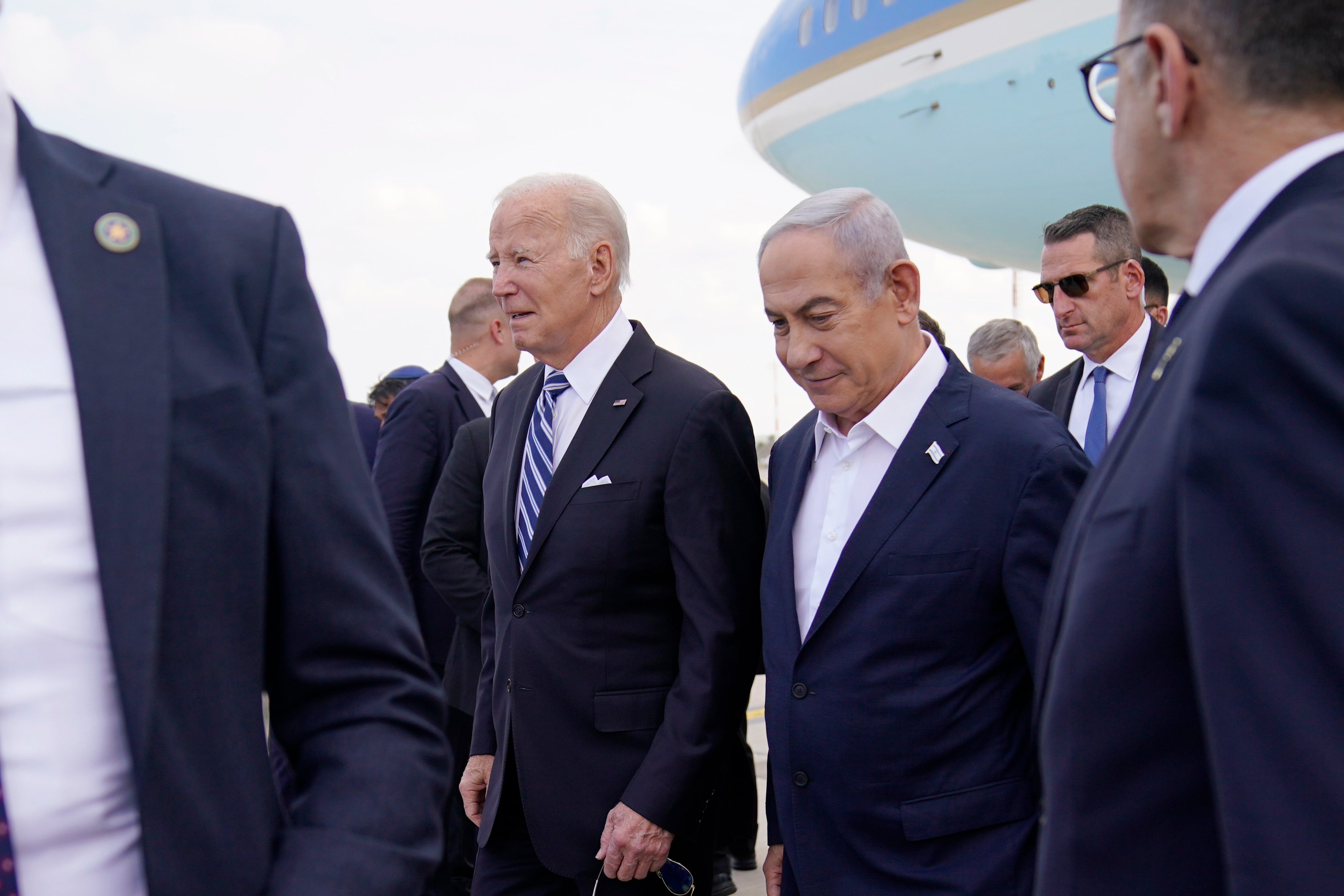 President Joe Biden is greeted by Israeli Prime Minister Benjamin Netanyahu