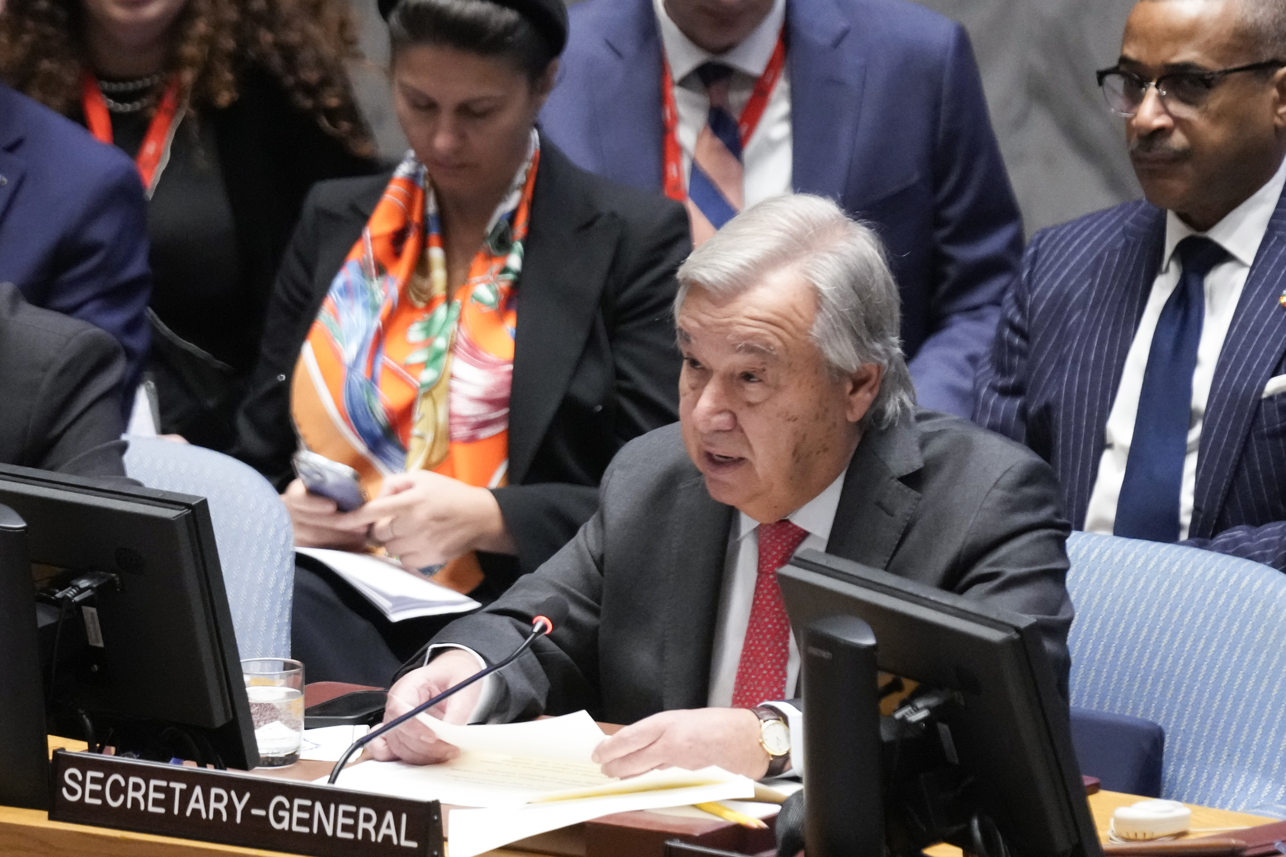 United Nations Secretary-General Antonio Guterres speaks during a Security Council meeting at United Nations headquarters, Tuesday, Oct. 24, 2023. 