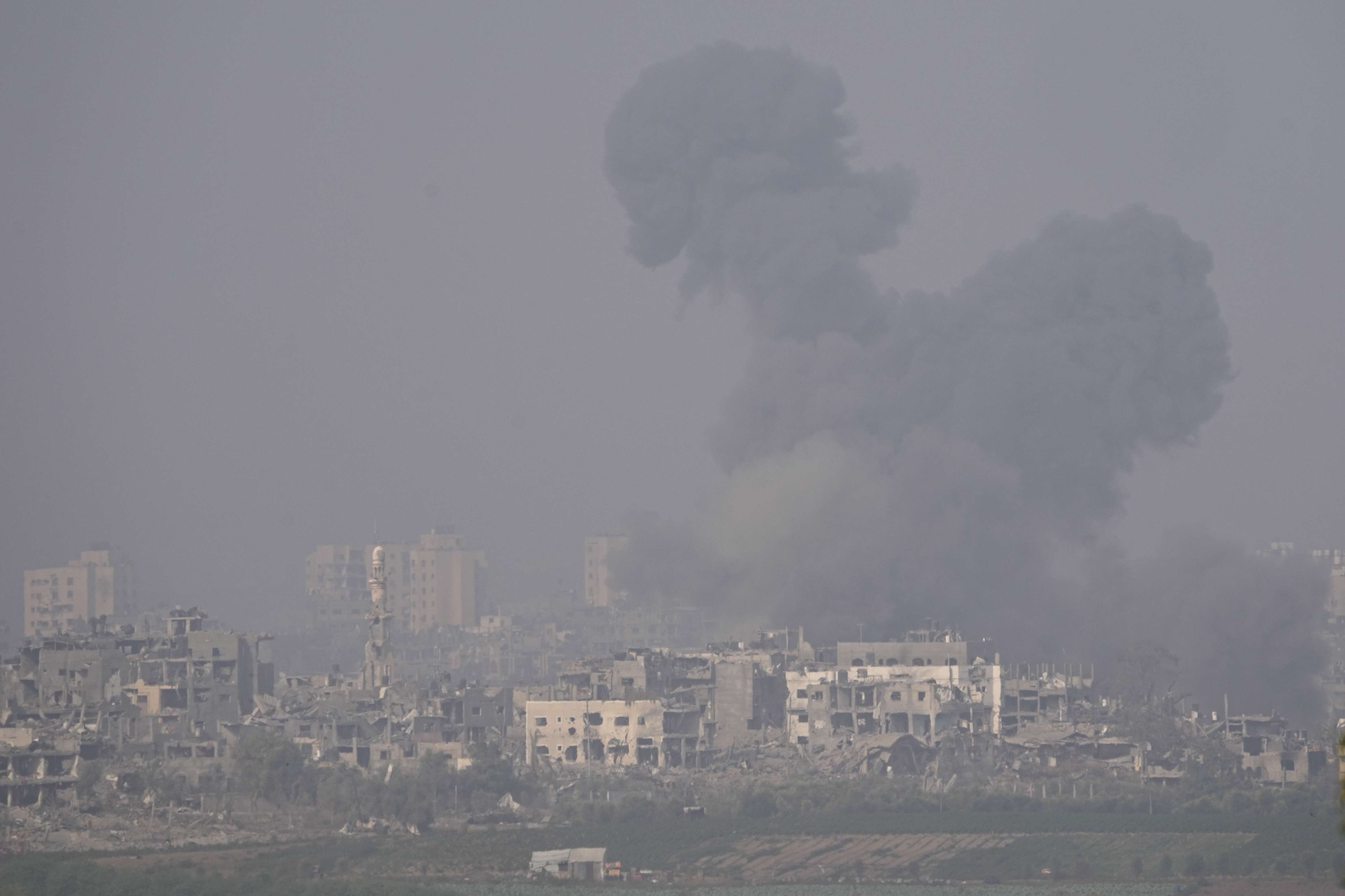 Smoke rises following an Israeli airstrike in the Gaza Strip, as seen from southern Israel, Saturday