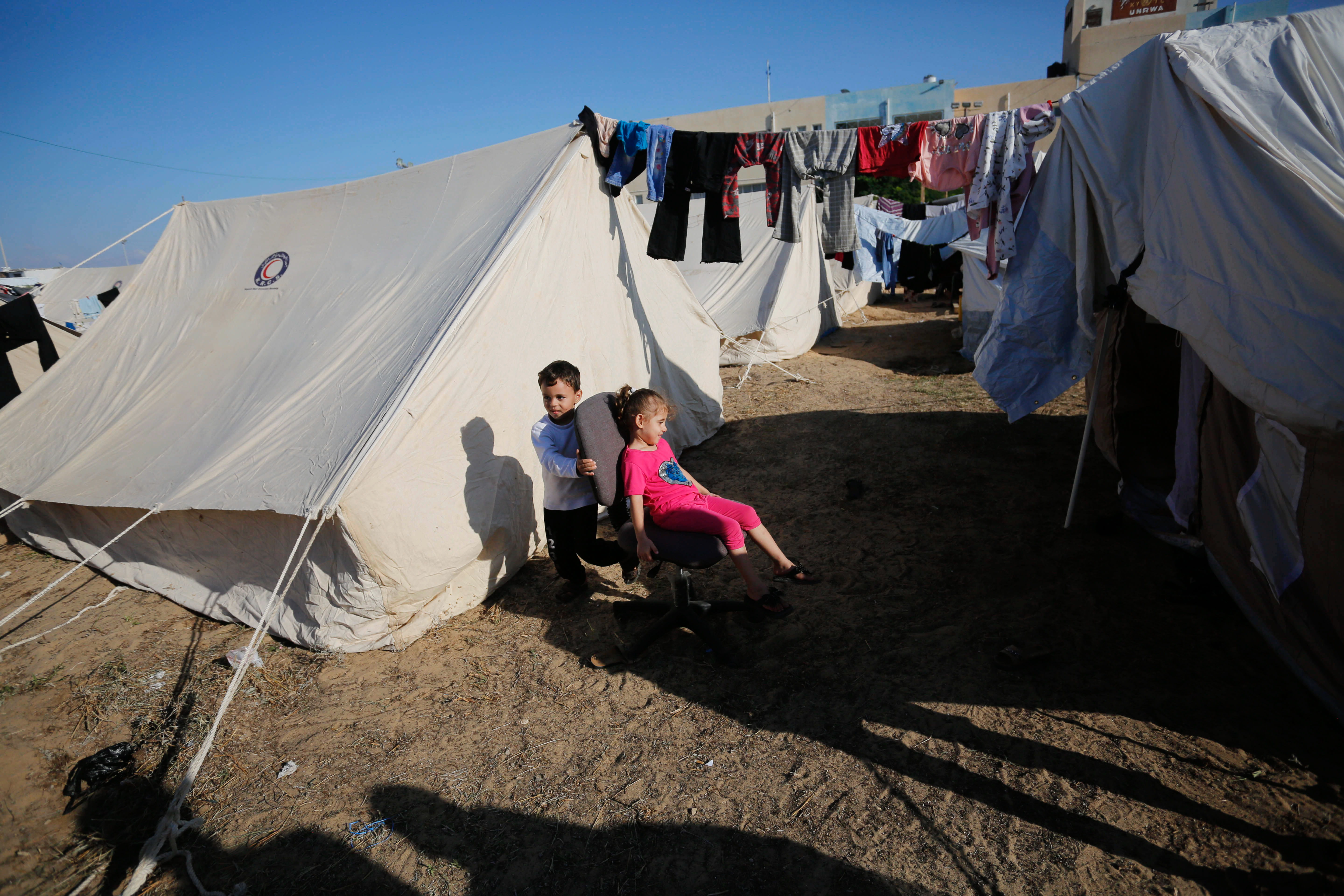 the first camp set up in Khan Younis by UNRWA for the recently displaced people in Gaza