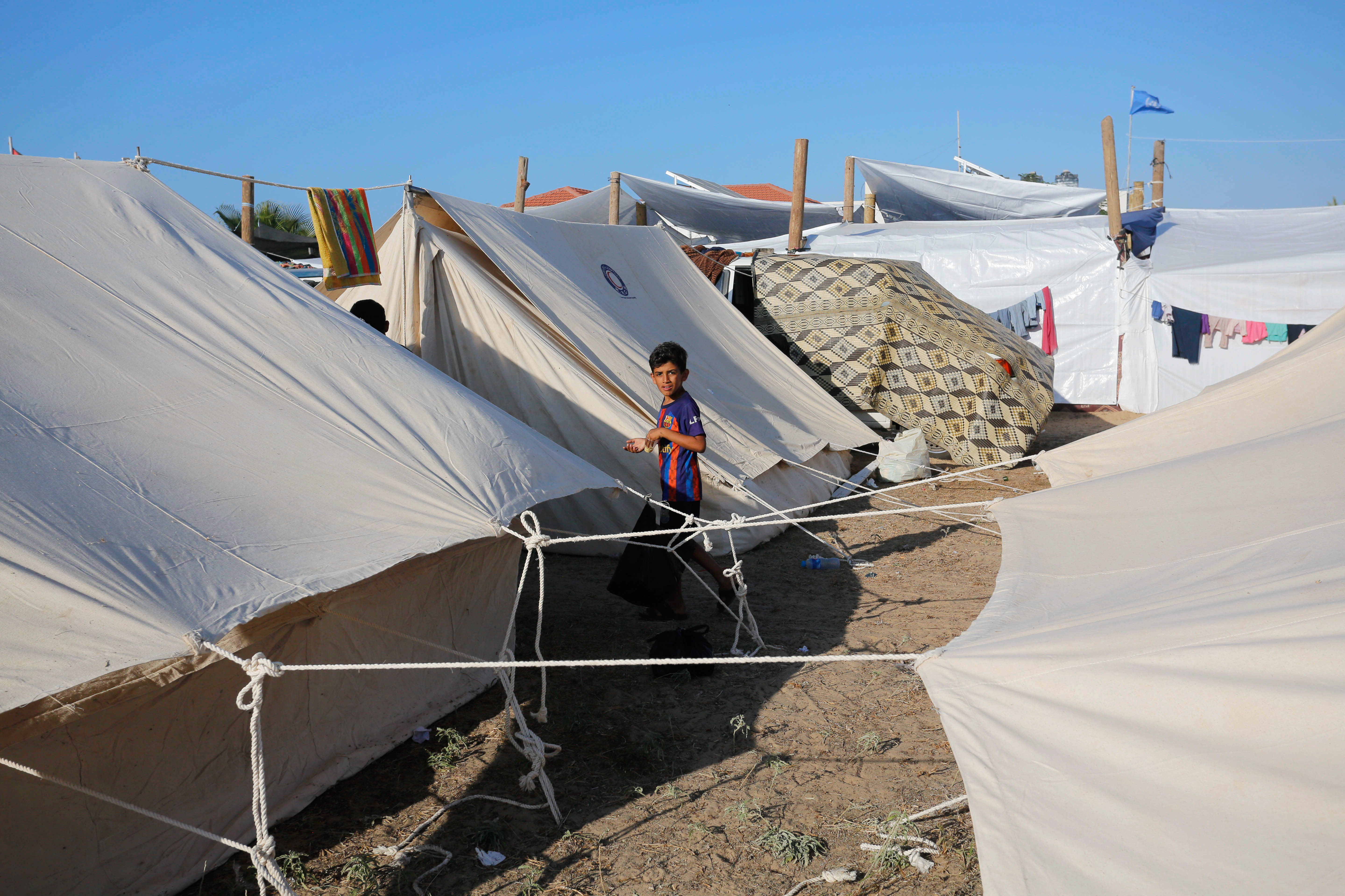 the first camp set up in Khan Younis by UNRWA for the recently displaced people in Gaza