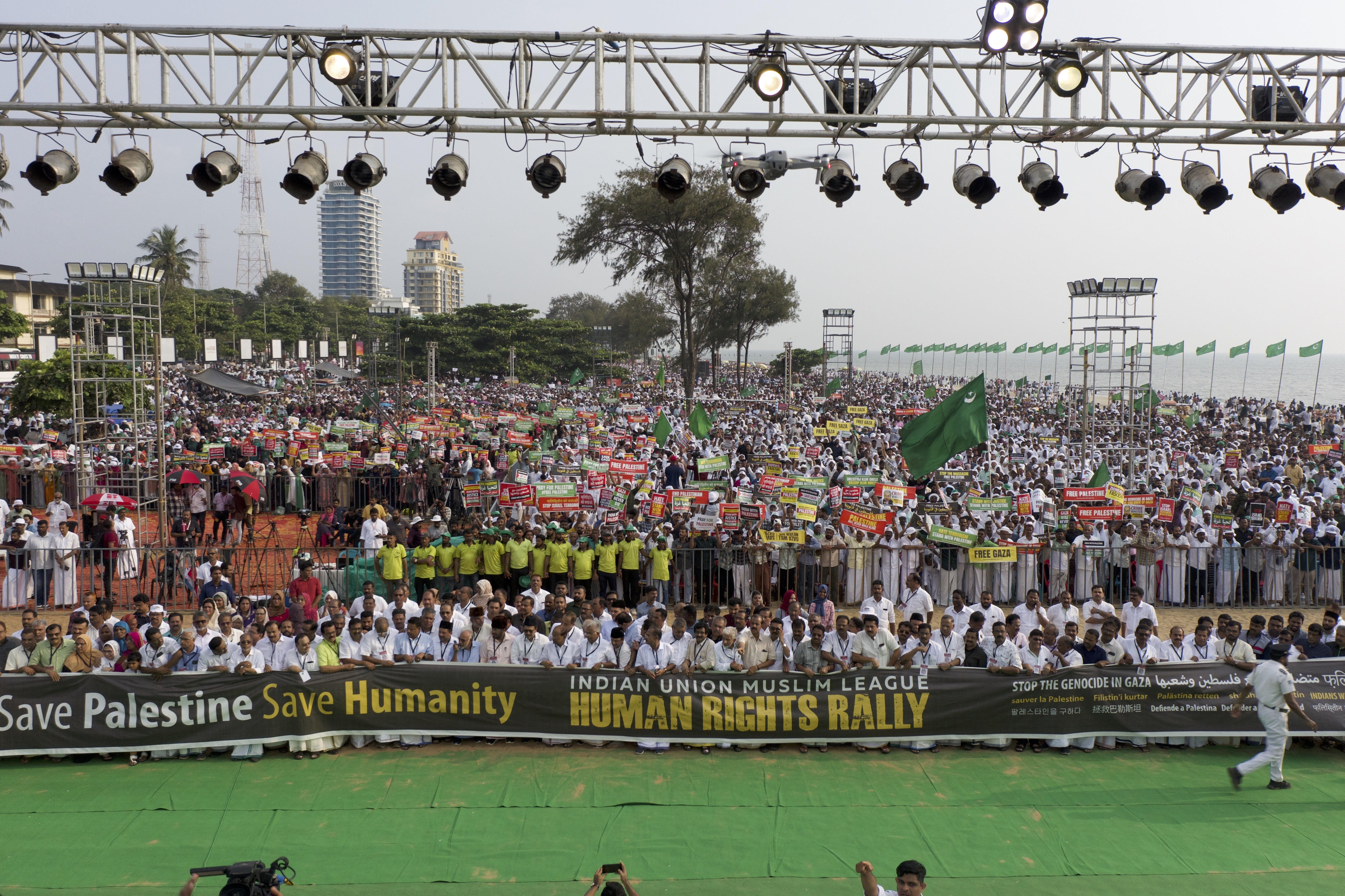 ndian Union Muslim League Kerala State Committee conducted a massive rally on Thursday, October 26th, in Calicut, Kerala, India. People from various walks of life came together with one clear message: "Save Palestine, Save Humanity, End Israel's Attack on Gaza, Free Palestine. The gathering seems to be the biggest one in the country with more than 100,000 people gathered