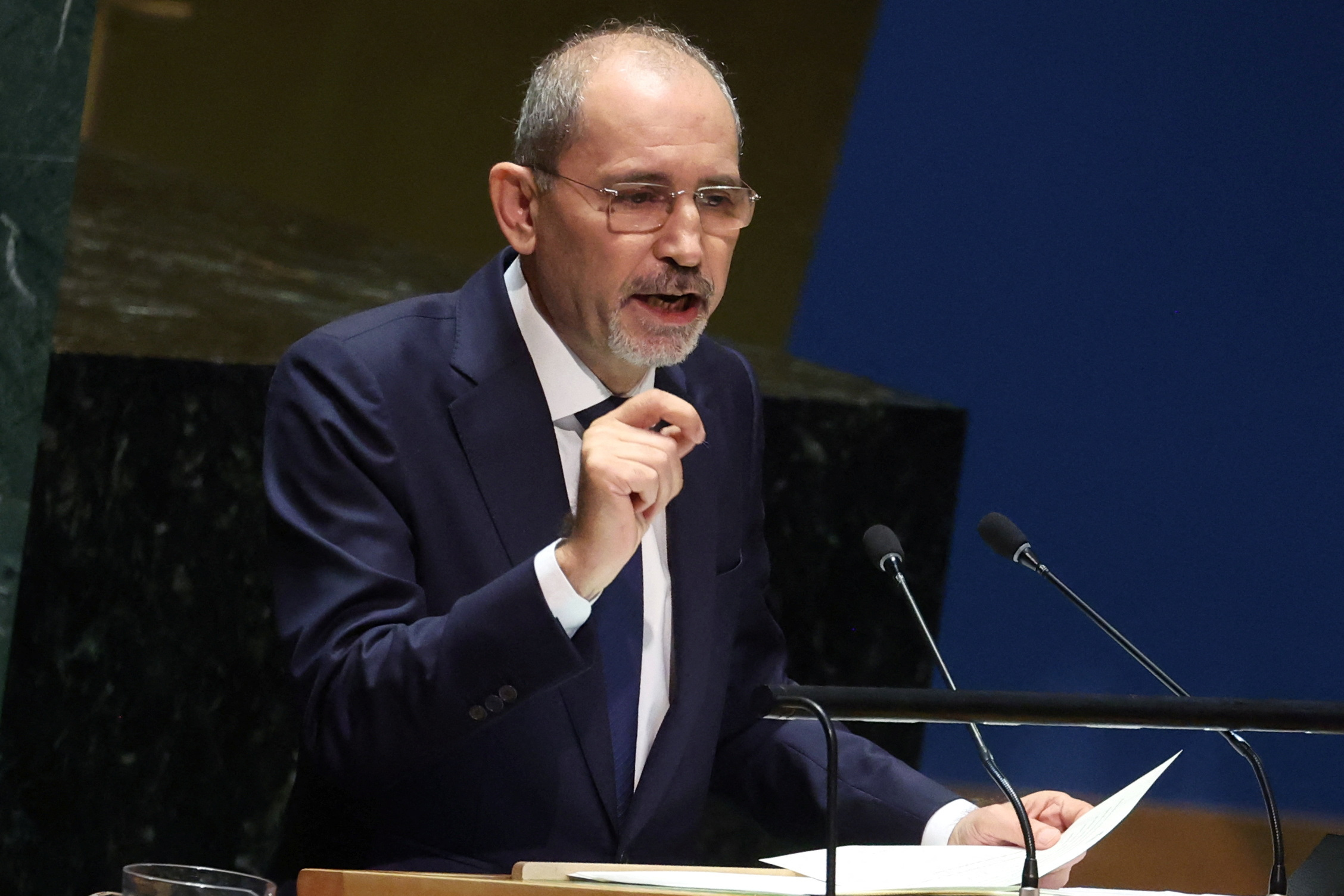 Ayman Safadi, Deputy Prime Minister and Minister for Foreign Affairs of Jordan, speaks to an emergency special session of the United Nations General Assembly on the ongoing conflict between Israel and Hamas at U.N. headquarters in New York City, U.S., October 26, 2023. REUTERS/Mike Segar