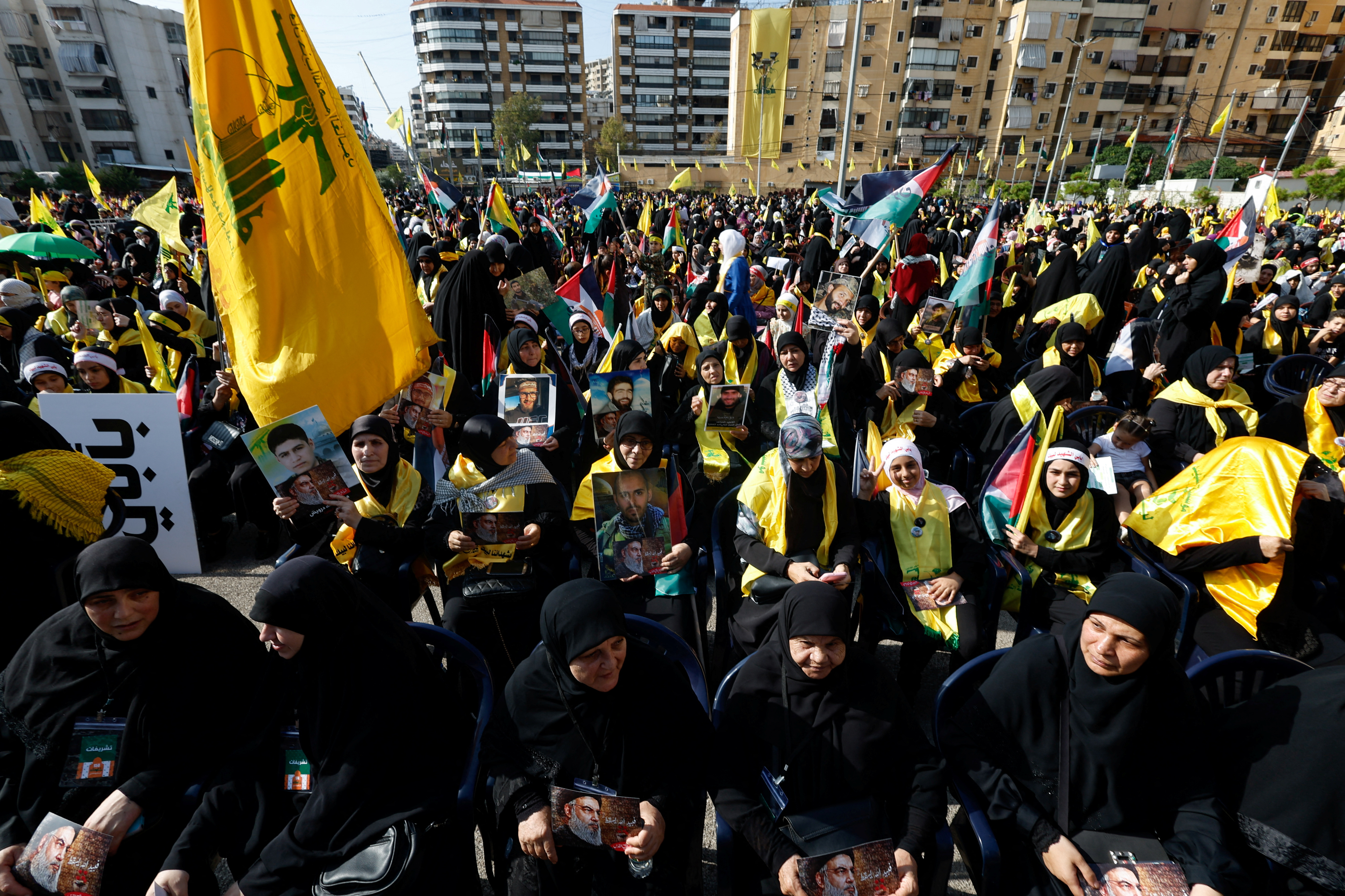 Lebanon's Hezbollah supporters gather to attend a ceremony to honour fighters killed in the recent escalation with Israel, on the day of Hezbollah leader Sayyed Hassan Nasrallah address, in Beirut's southern suburbs, Lebanon.