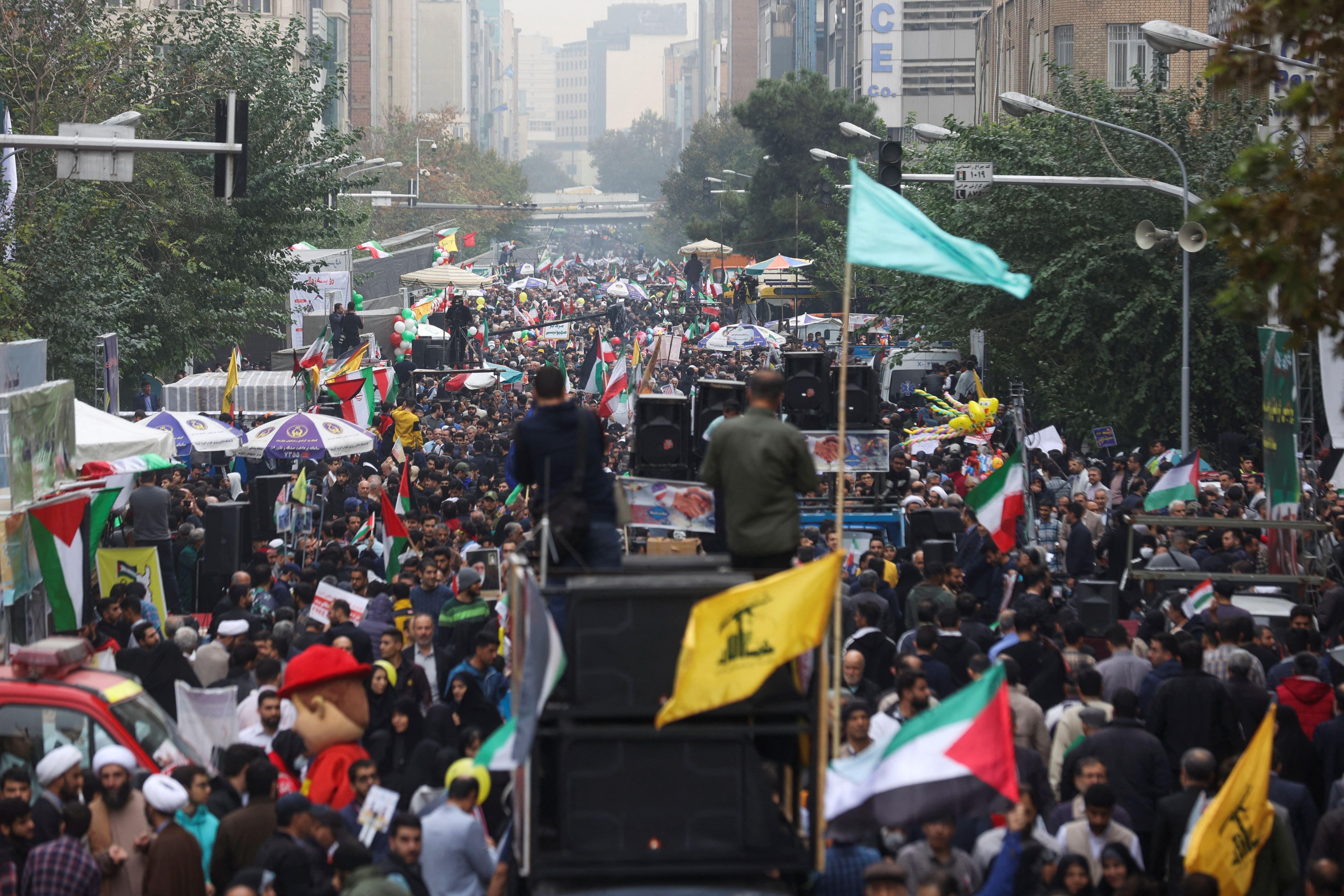 People demonstrate during the 44th anniversary of the U.S. expulsion from Iran, in Tehran, Iran.
