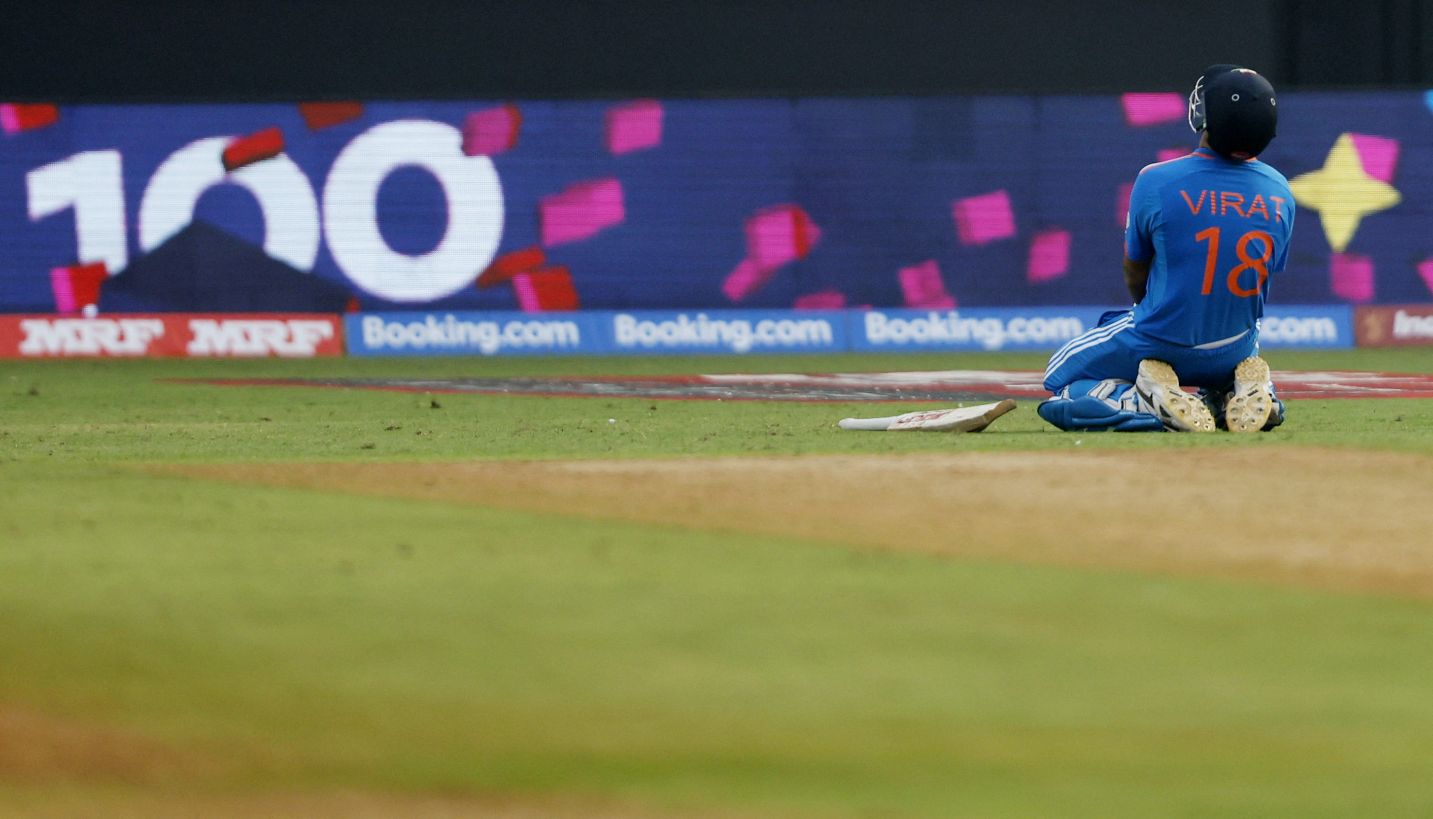Cricket - ICC Cricket World Cup 2023 - Semi-Final - India v New Zealand - Wankhede Stadium, Mumbai, India - November 15, 2023 India's Virat Kohli celebrates after reaching his 50th century, breaking Sachin Tendulkar's record of most number of ODI centuries REUTERS/Francis Mascarenhas