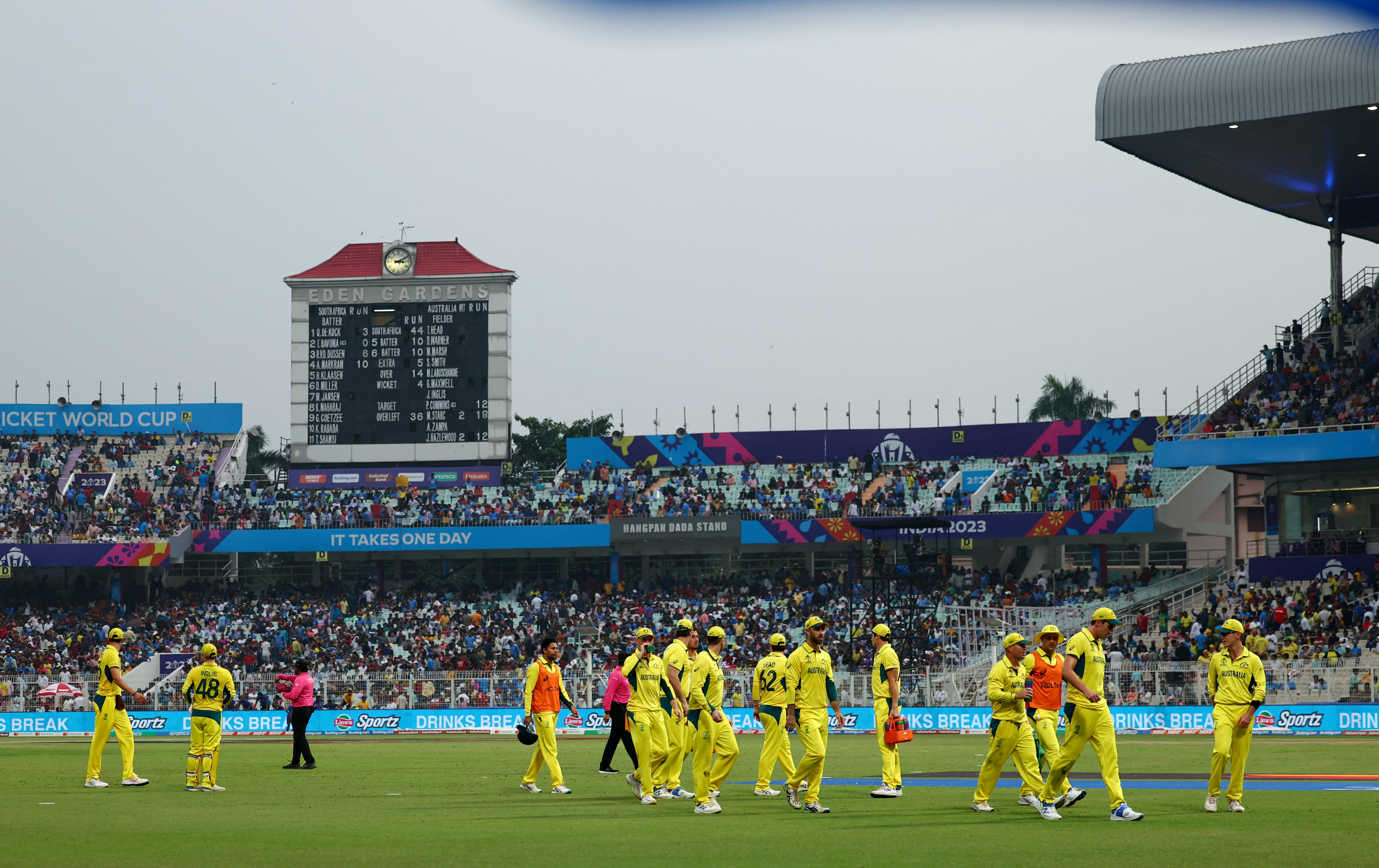 Cricket - ICC Cricket World Cup 2023 - Semi-Final - South Africa v Australia - Eden Gardens, Kolkata, India - November 16, 2023 Australia players during a rain delay REUTERS/Andrew Boyers