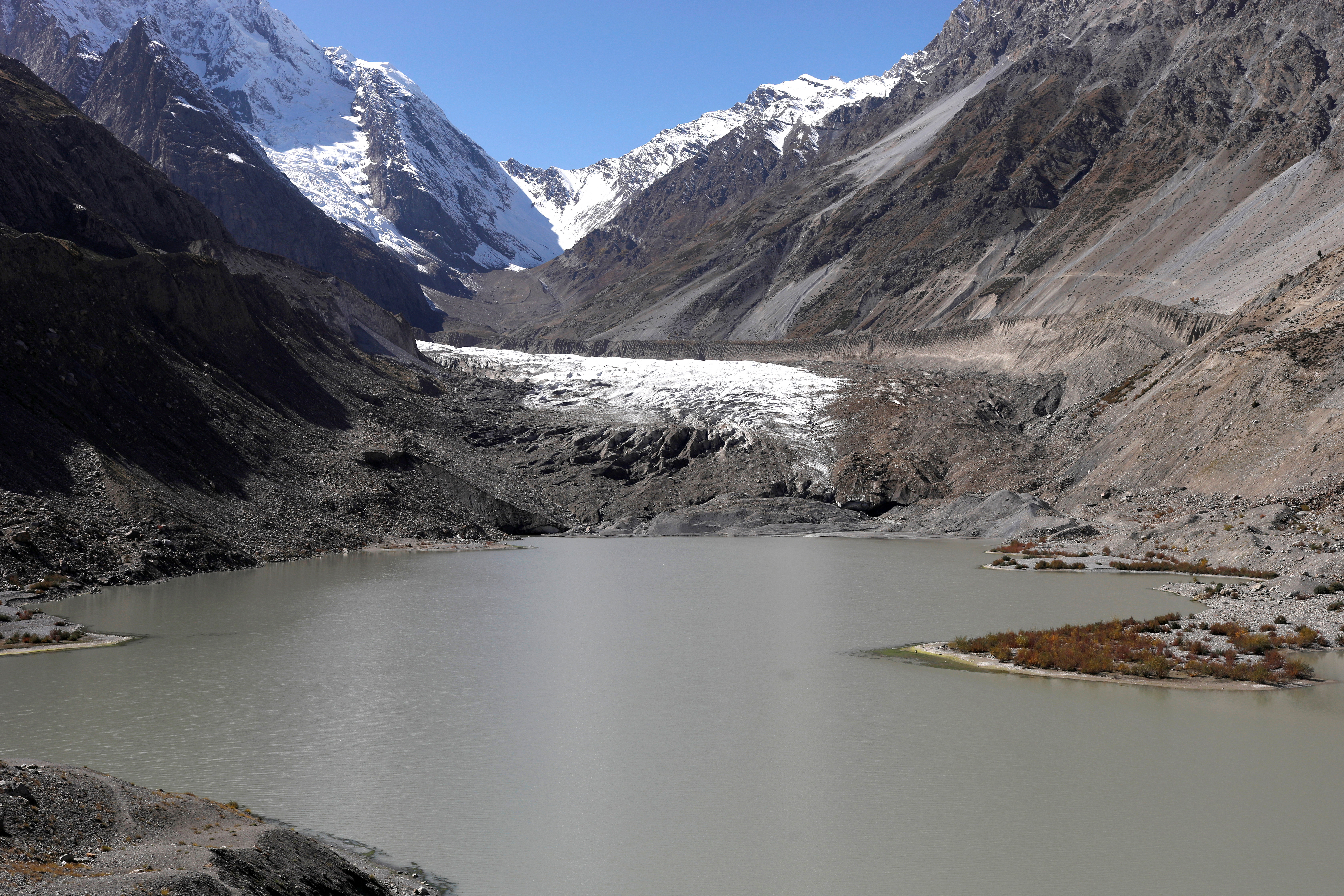 The Gamoo Bhr glacial lake pools in front of the Darkut glacier in Darkut village, Yasin valley, in the Gilgit-Baltistan region of Pakistan.