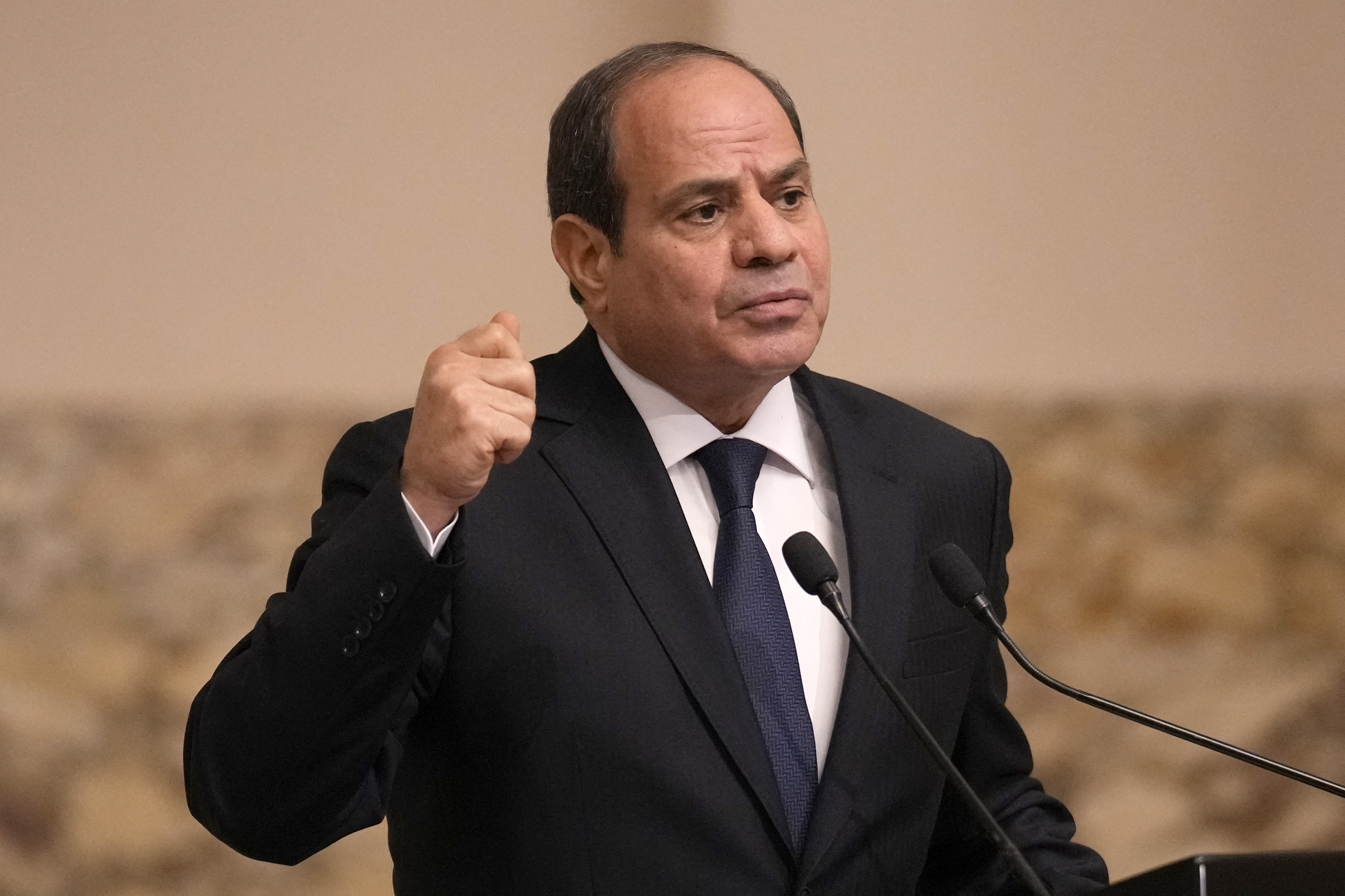 Egyptian President Abdel-Fattah al-Sisi speaks during a joint press conference with French President following their talks in Cairo, on October 25