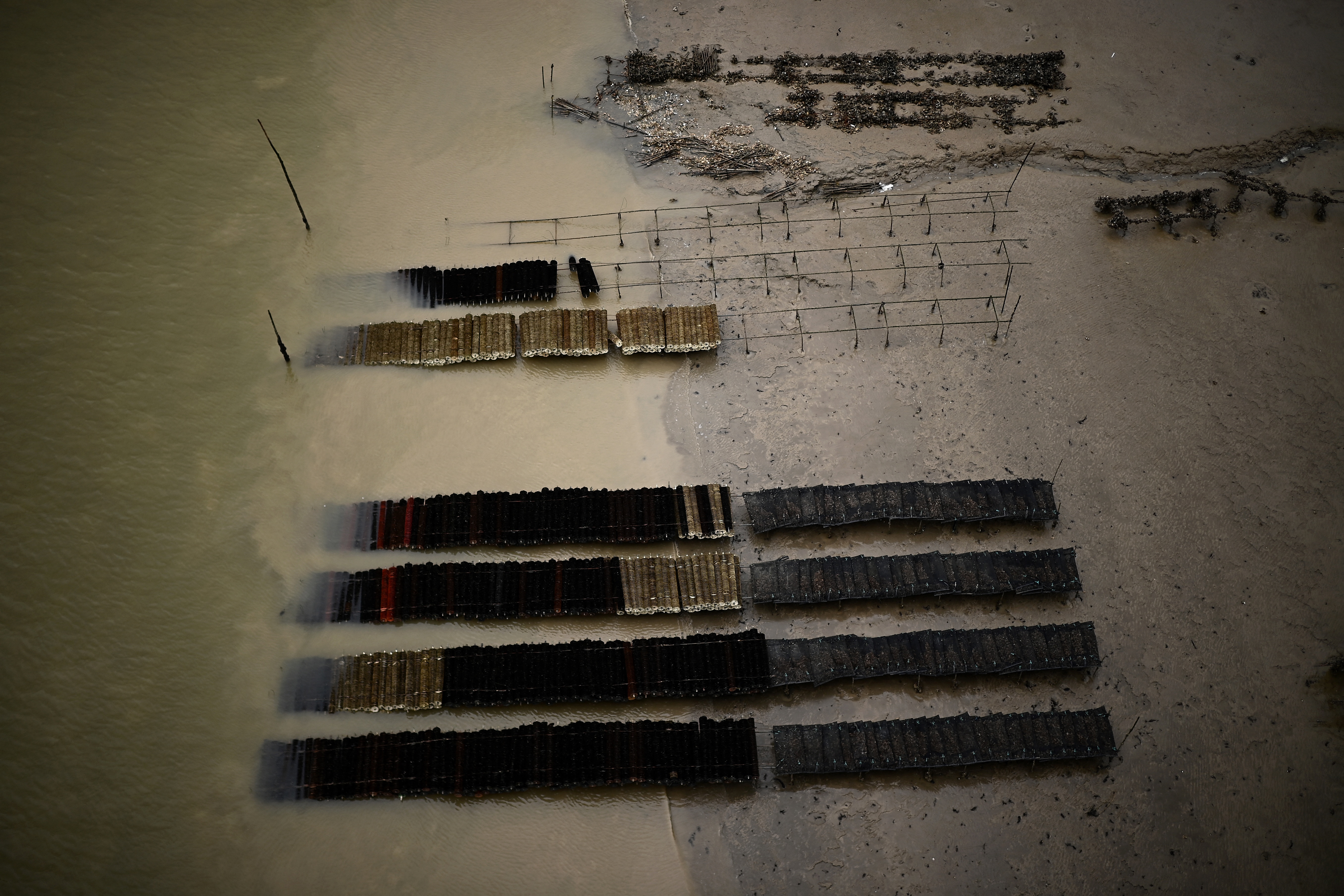 This picture shows an oyster park along the Seudre river in Marennes, south-western France.