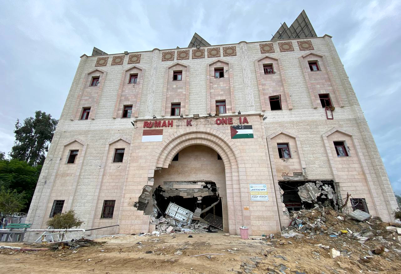 A view of destroyed Indonesian Hospital during the humanitarian pause of 4 days that is extended for 2 days, continues on its 5th day in Gaza City, Gaza.