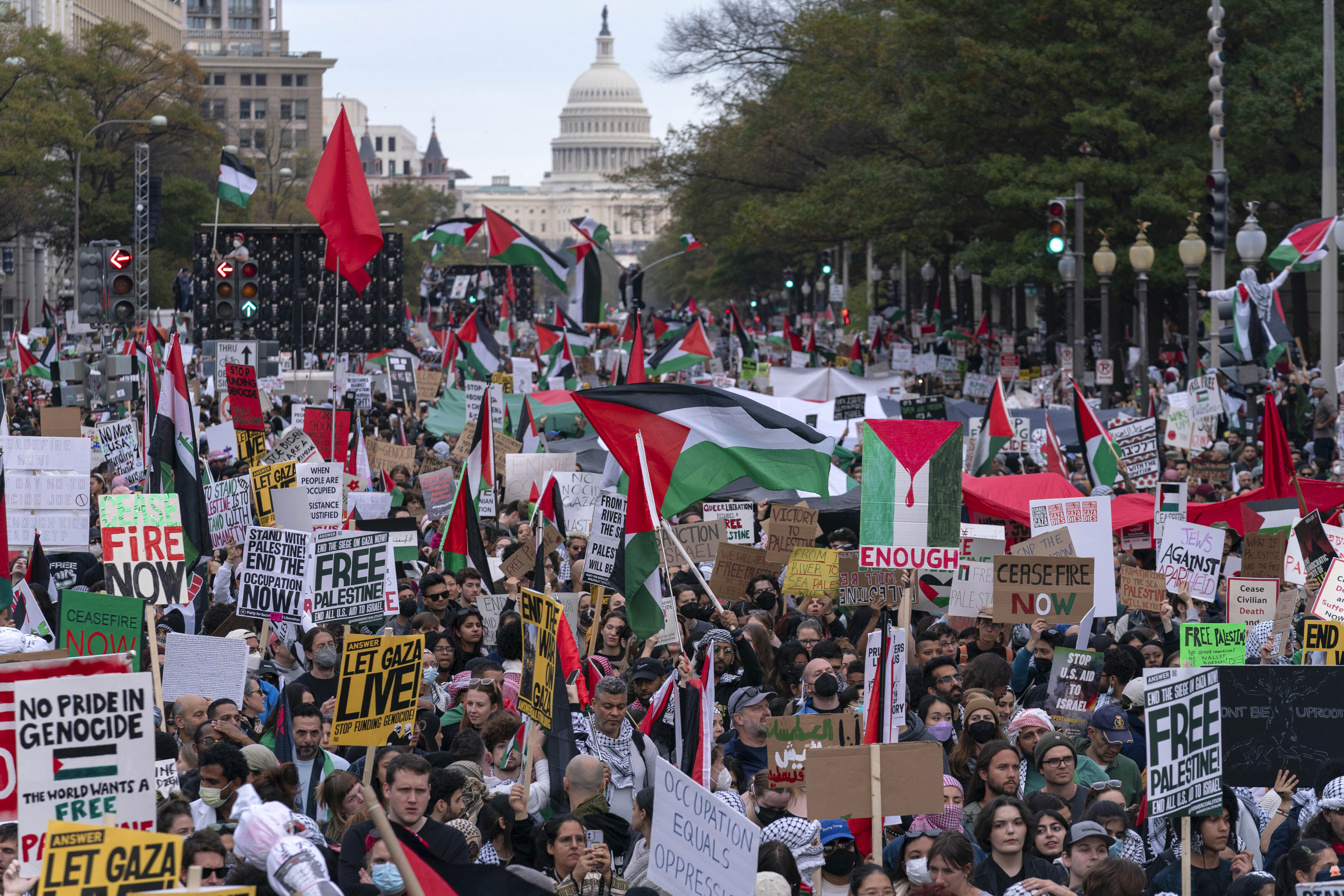 With the U.S Capitol n the background thousands of protesters rally during a pro-Palestinian demonstration at Freedom Plaza in Washington