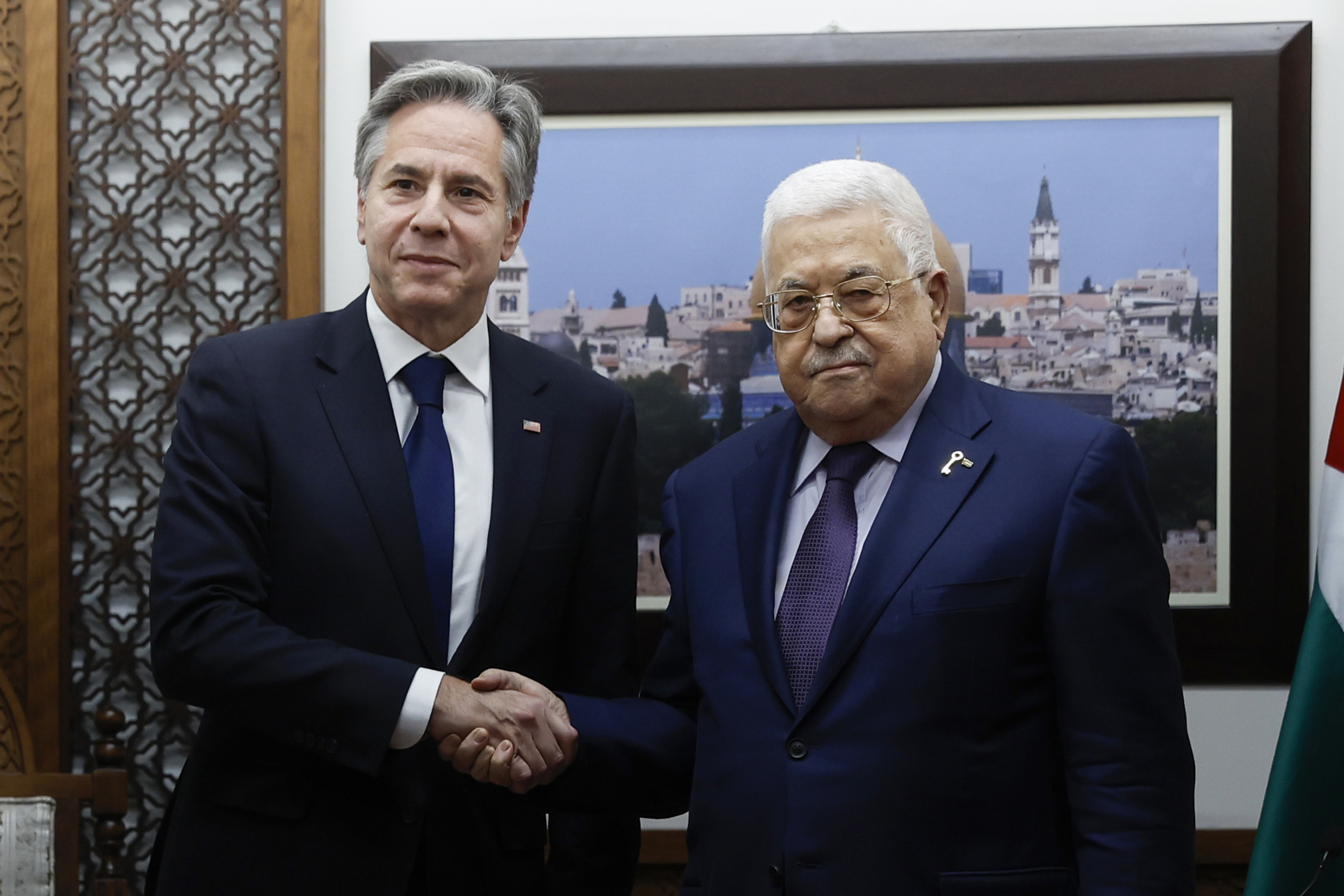 U.S. Secretary of State Antony Blinken meets with Palestinian President Mahmoud Abbas amid the ongoing conflict between Israel and the Palestinian Islamist group Hamas, at the Muqata in Ramallah in the Israeli-occupied West Bank