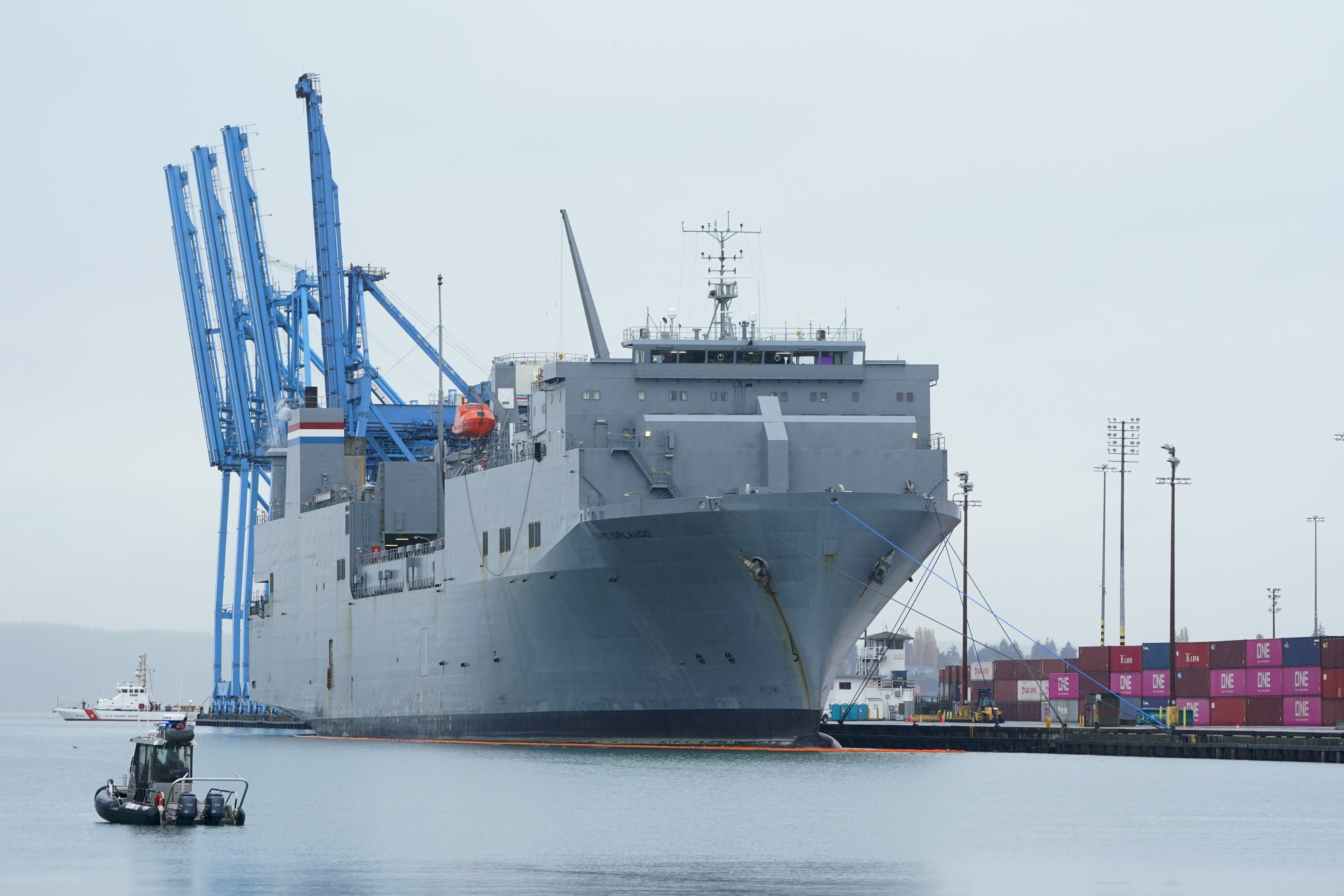 The Cape Orlando is seen docked under gray skies in the Port of Tacoma.