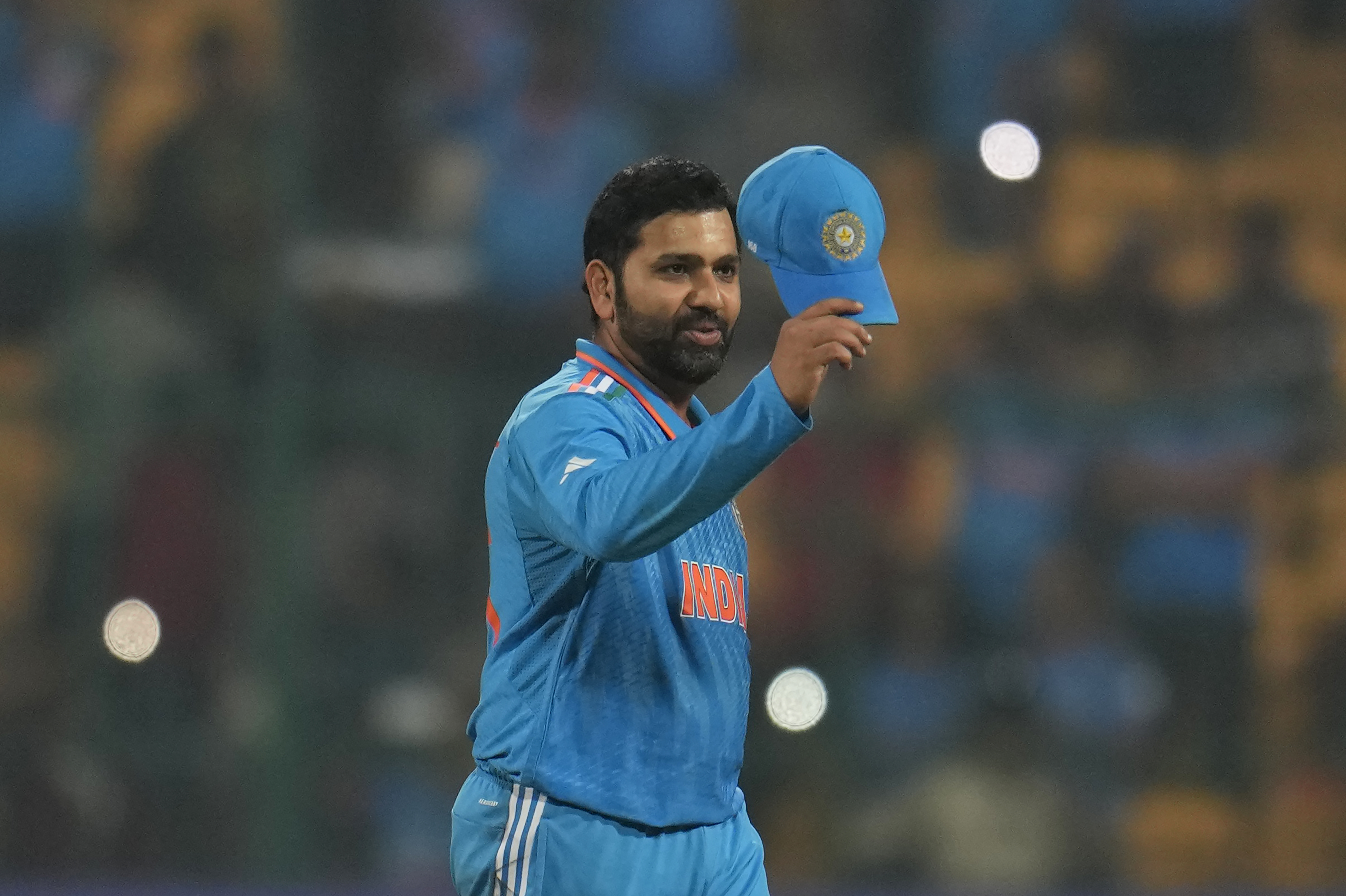 India's captain Rohit Sharma celebrates after their win in the ICC Men's Cricket World Cup match against Netherlands in Bengaluru, India, Sunday, Nov. 12, 2023. (AP Photo/Aijaz Rahi)