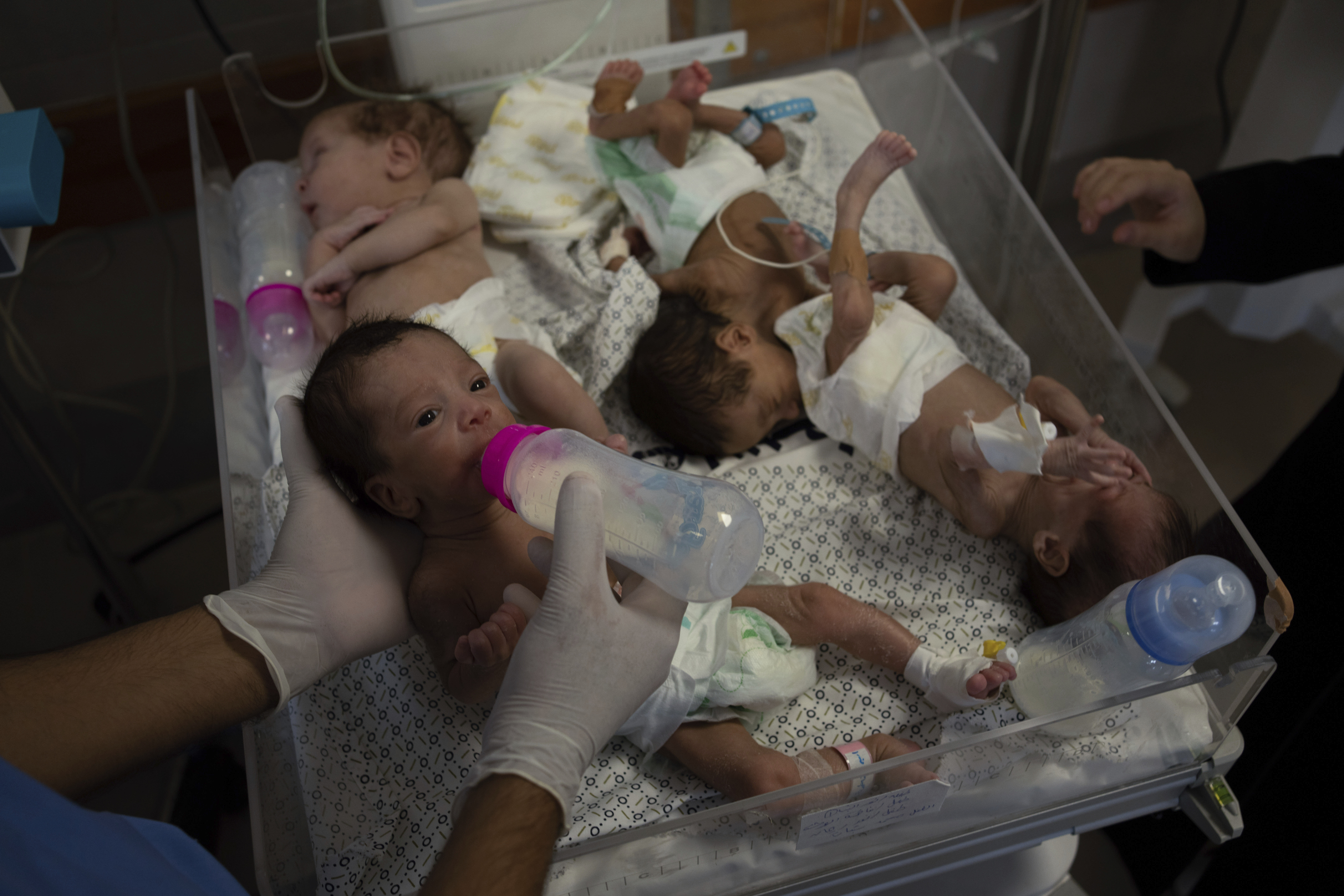 Medics prepare premature babies for transport to Egypt after they were evacuated from Shifa Hospital in Gaza City to a hospital in Rafah, Gaza Strip, Monday