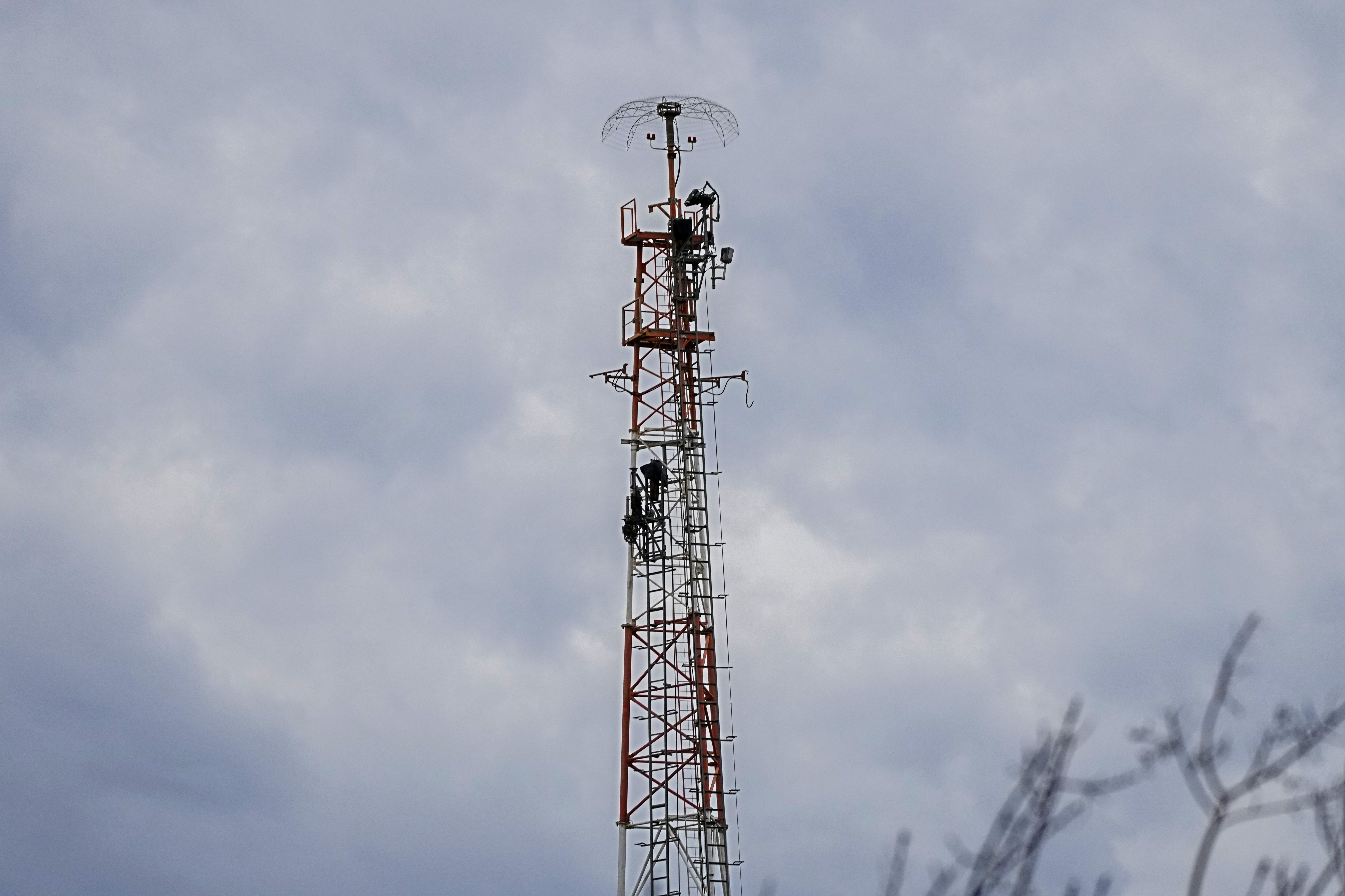 An Israeli surveillance tower that was struck by Hezbollah is seen from the village of Duhaira in south Lebanon on the border with Israel.