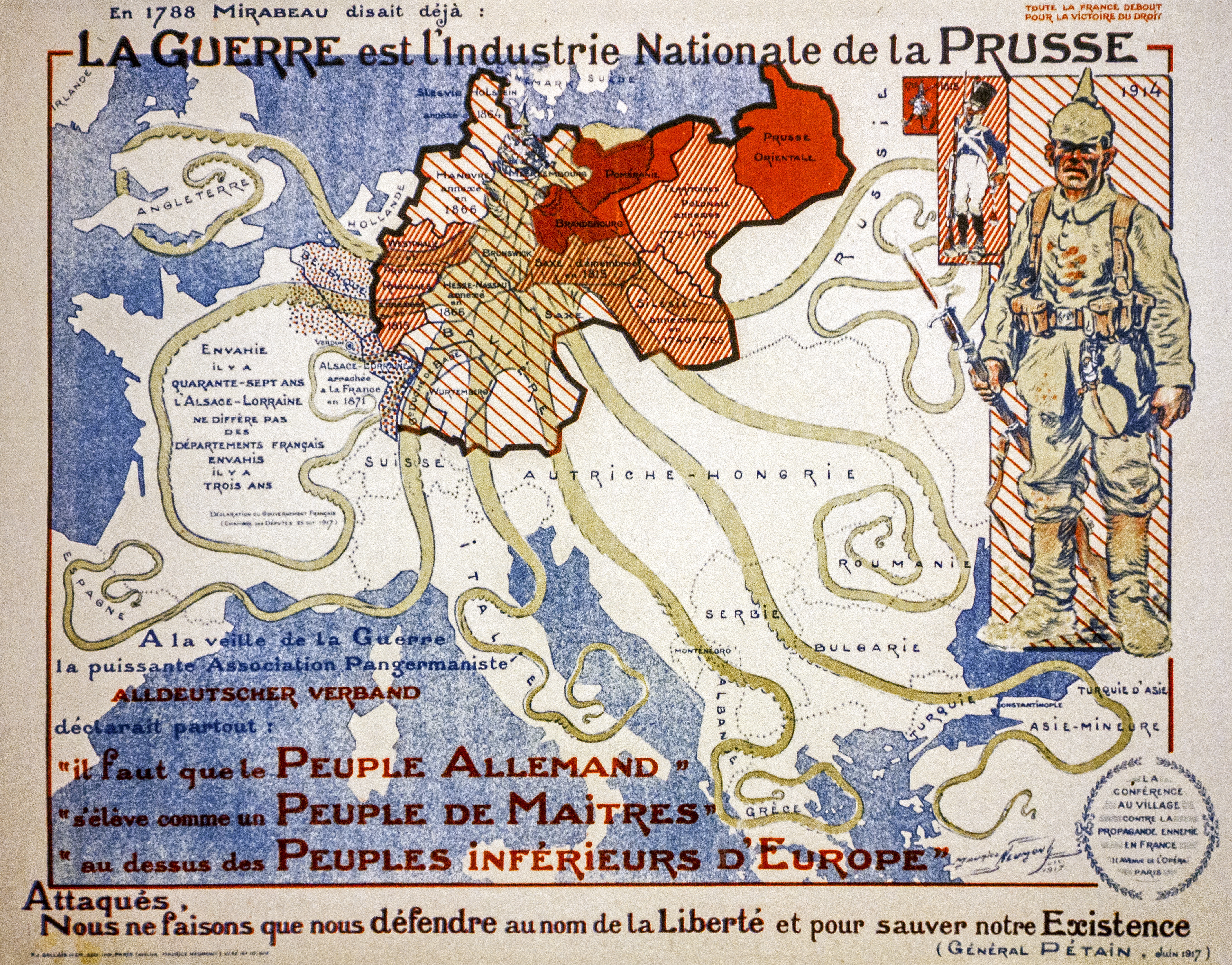 French vintage WWI propaganda map from 1917 showing German invasion as giant octopus during the First World War One. 