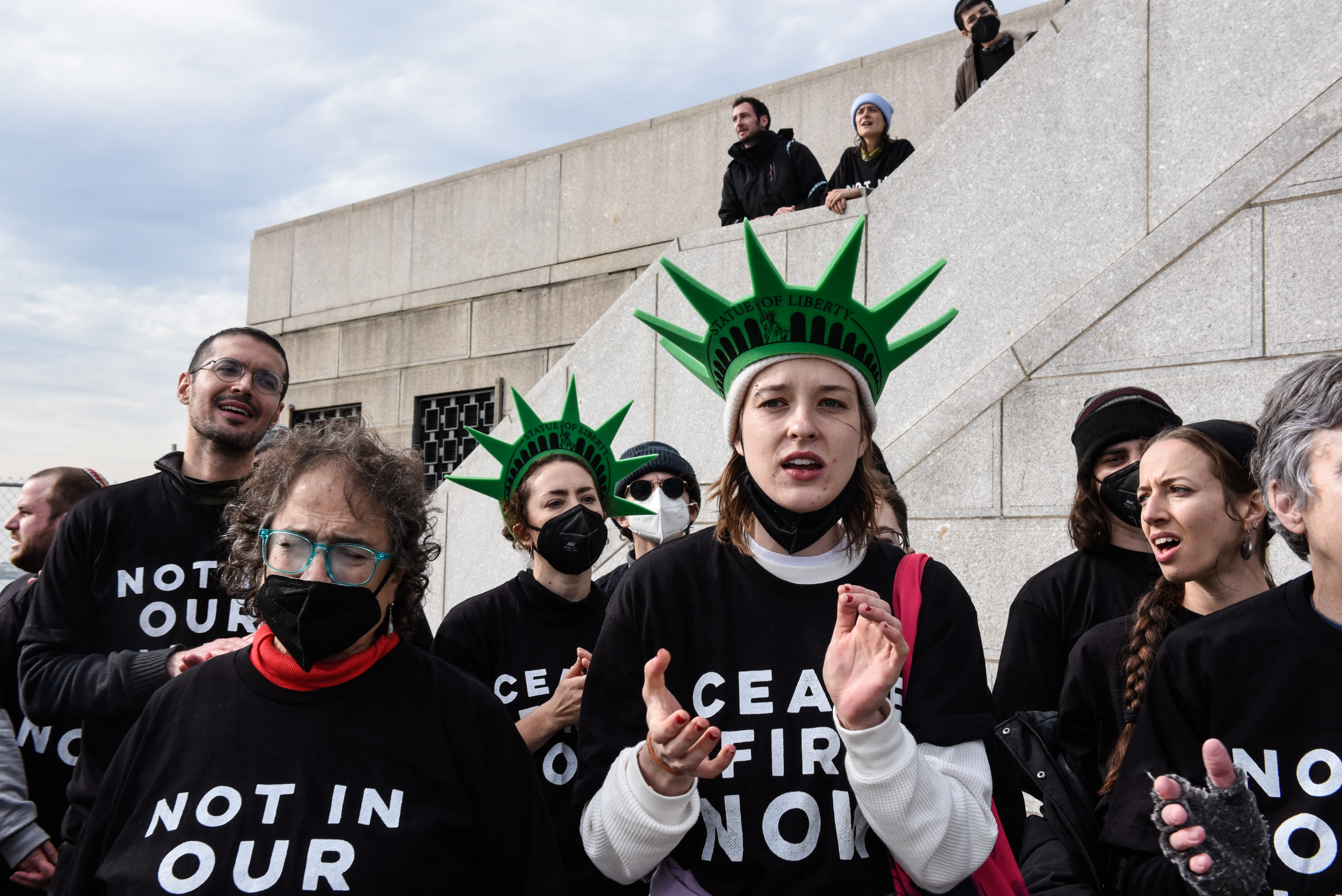 Activists from Jewish Voice for Peace occupy the Statue of Liberty