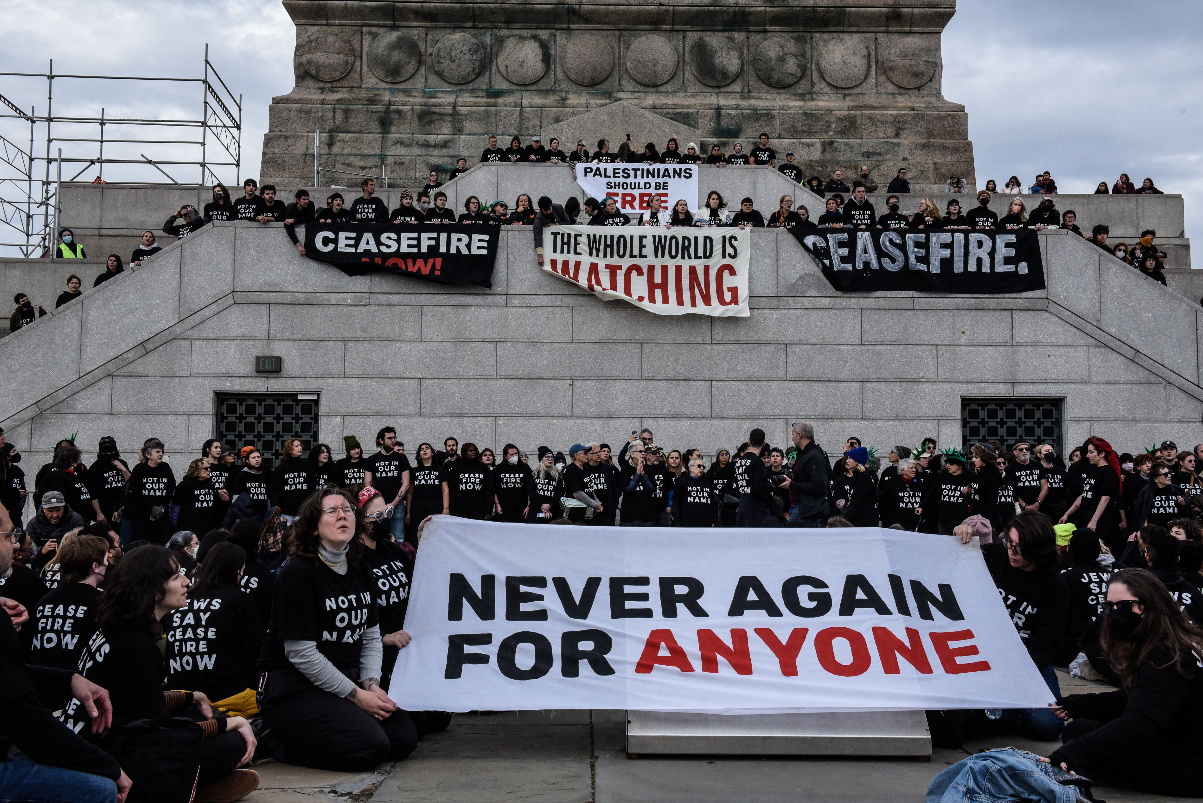 Activists from Jewish Voice for Peace occupy the Statue of Liberty
