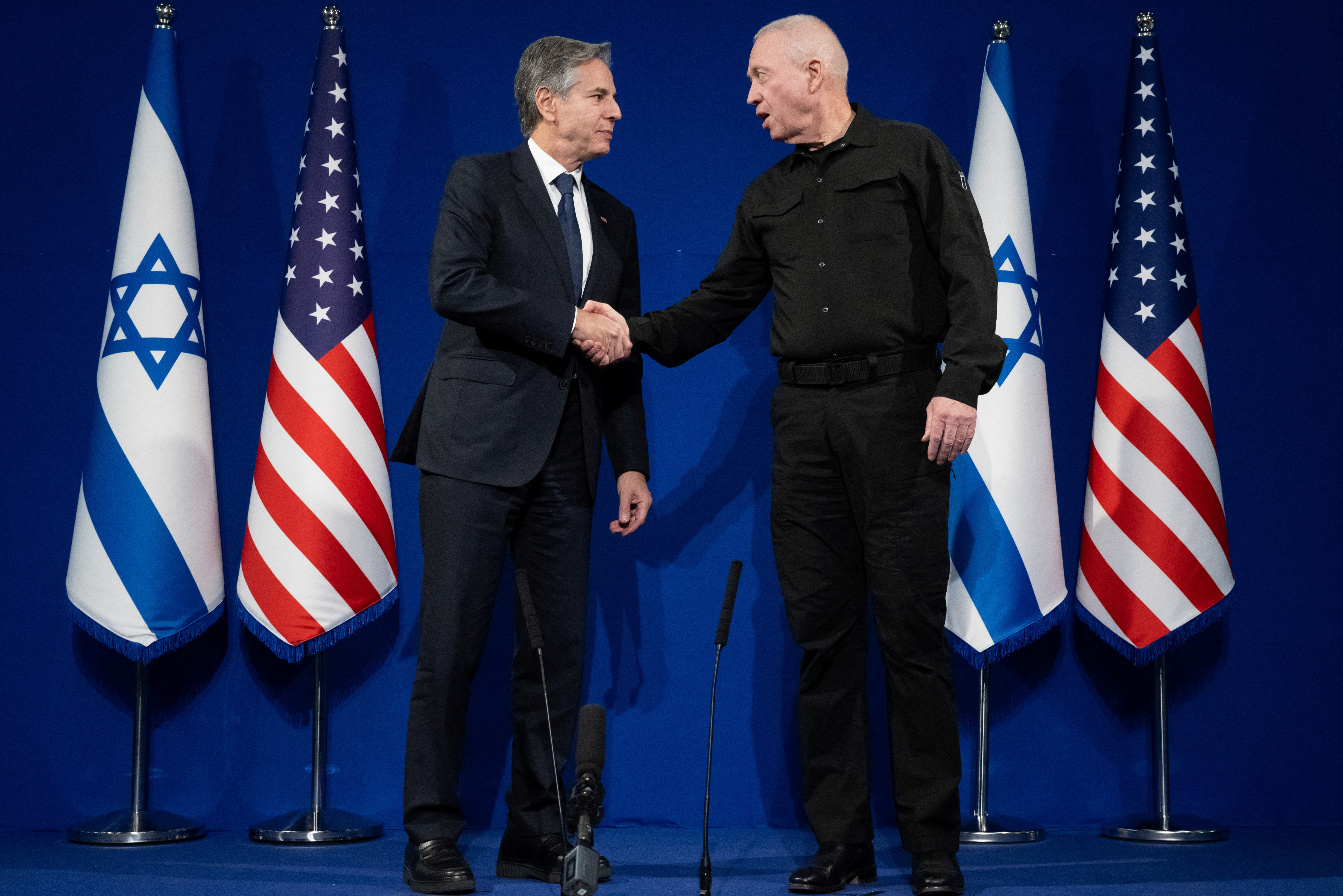 Israeli Defence Minister Yoav Gallant and U.S. Secretary of State Antony Blinken shake hands prior to a meeting in Tel Aviv Israel November 30, 2023