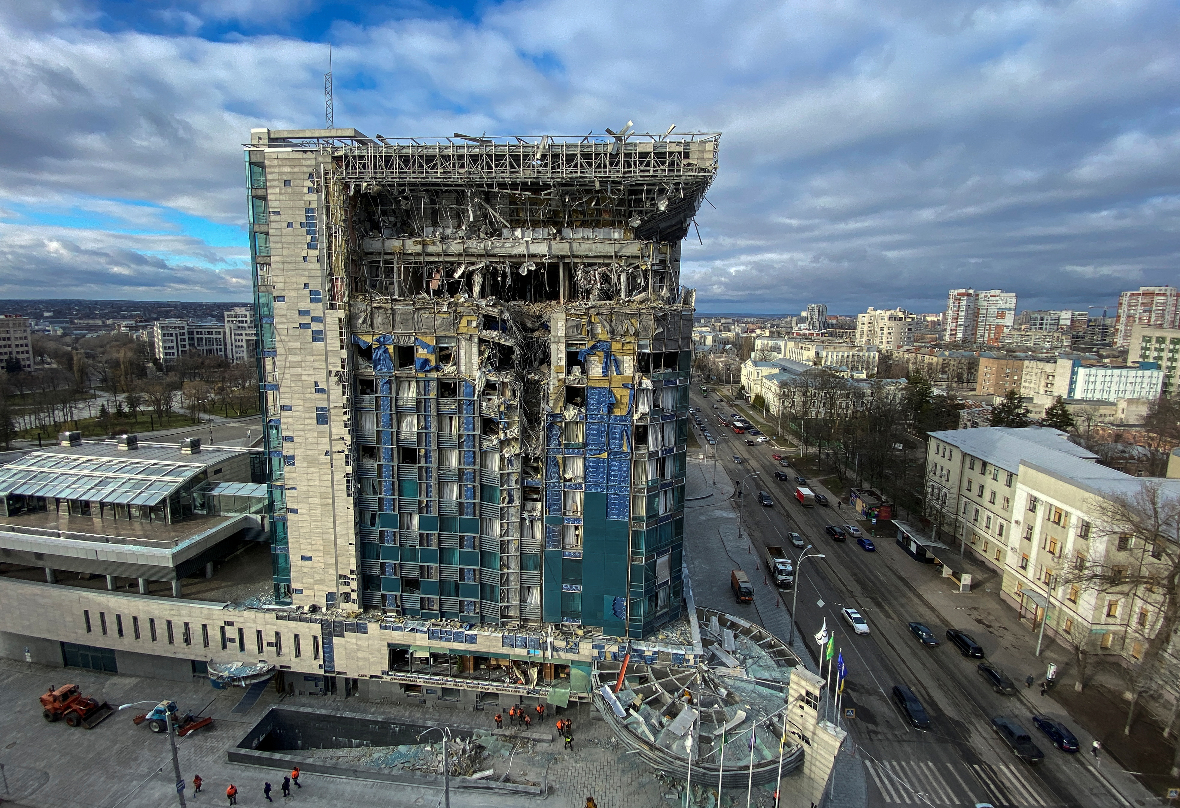 A view shows the Kharkiv Palace Hotel heavily damaged by a Russian missile strike, amid Russia's attack on Ukraine, in Kharkiv