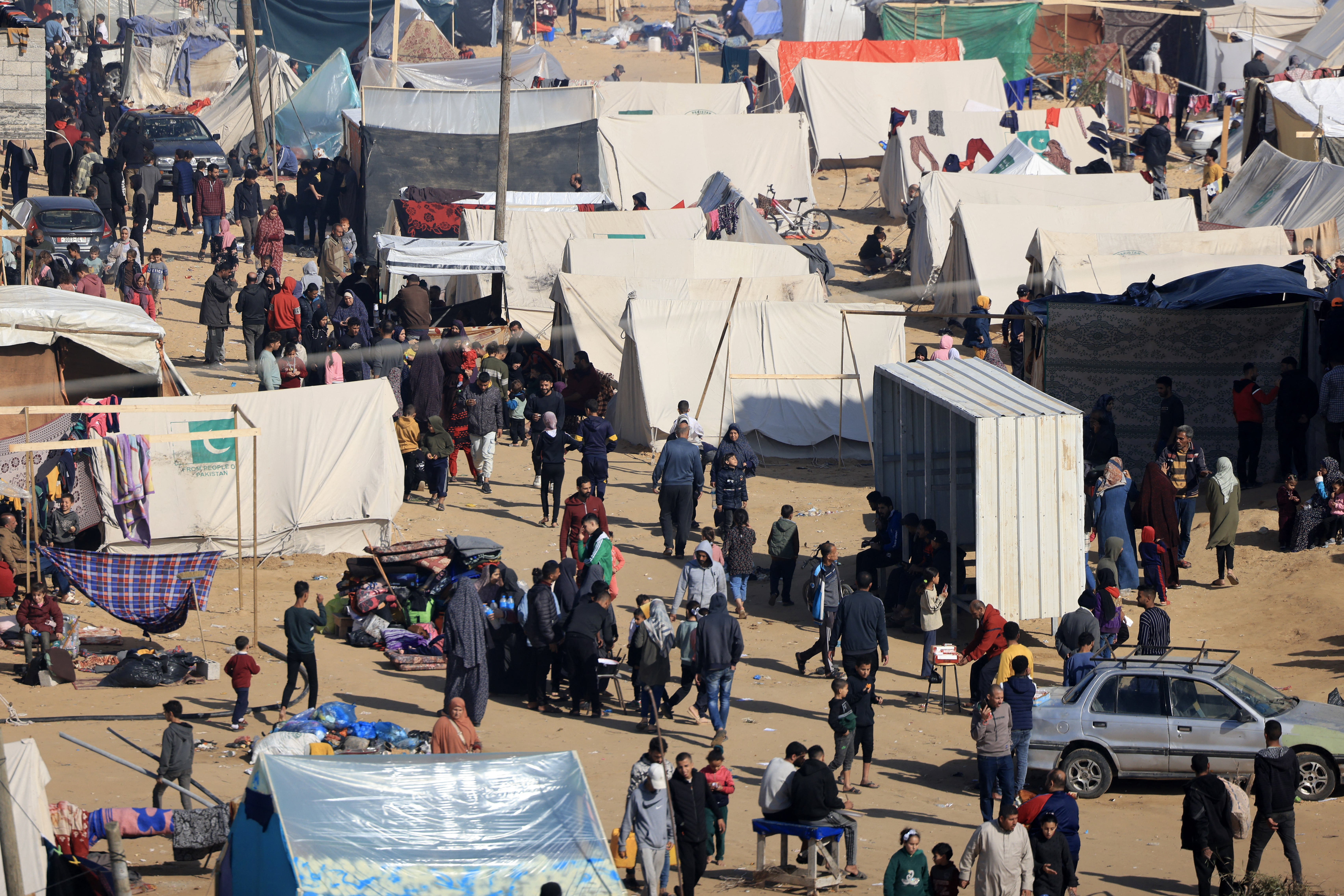 Displaced Palestinians who fled Khan Yunis set up camp in Rafah further south near the Gaza Strip's border with Egypt.