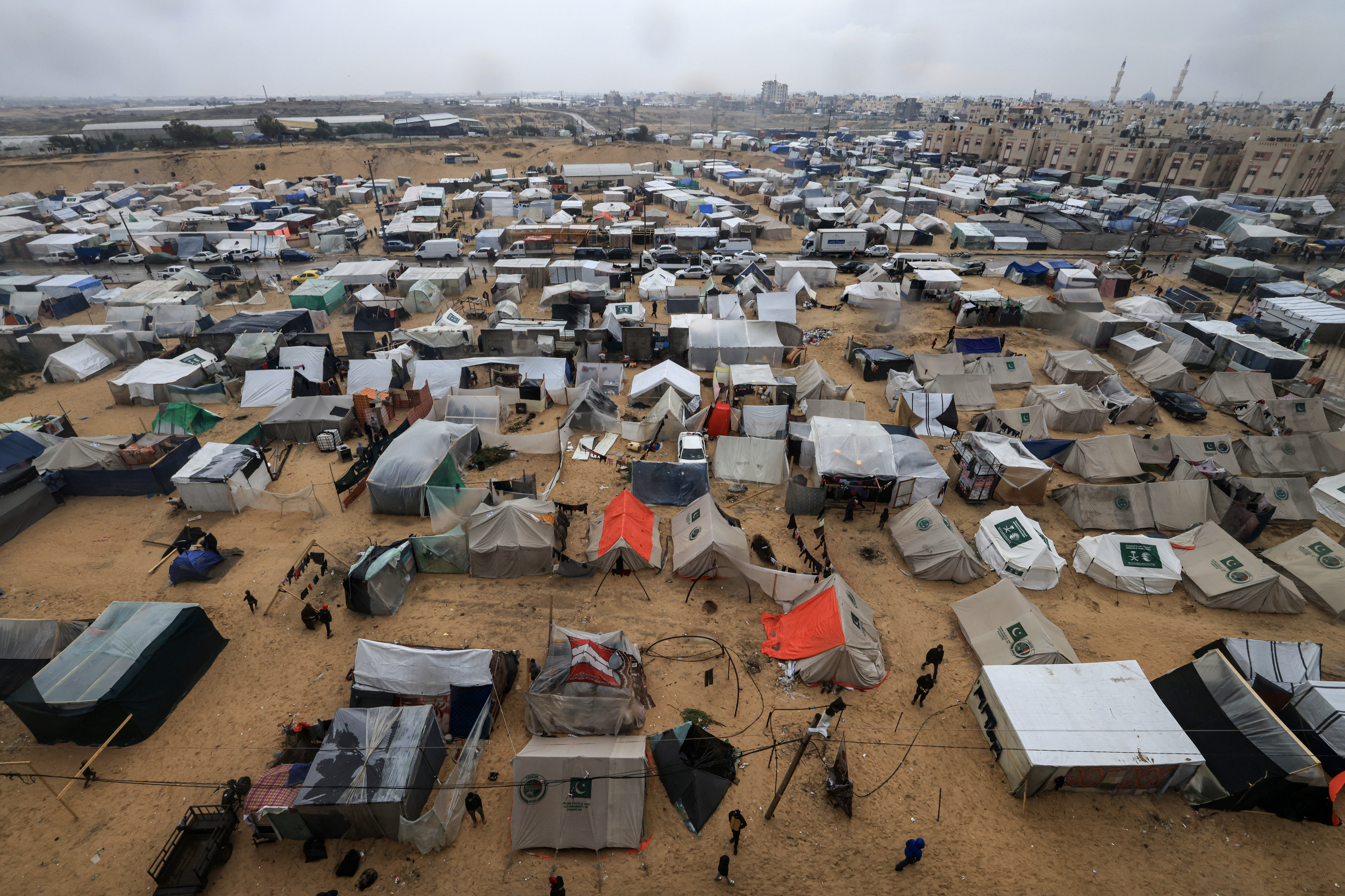 This picture shows tents and makeshift shelters at a camp for displaced Palestinian people in Rafah, in the southern Gaza Strip where most civilians have taken refuge.