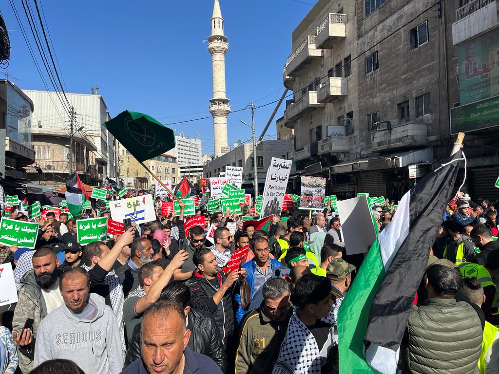 People march towards Al-Nahl Square in solidarity with Palestine called by the Islamic Labor Front Party, the political wing of the Muslim Brotherhood (Ikhwan) after Friday prayers in front of Al-Husseini Mosque in Amman, Jordan on December 01