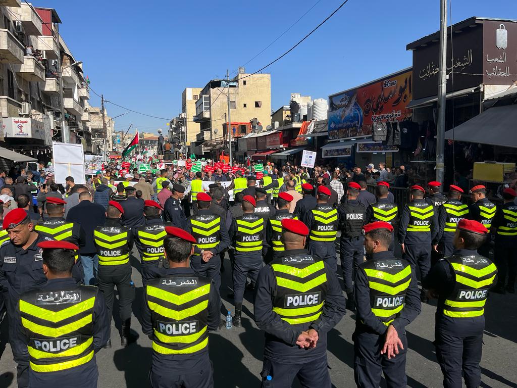 People march towards Al-Nahl Square in solidarity with Palestine called by the Islamic Labor Front Party, the political wing of the Muslim Brotherhood (Ikhwan) after Friday prayers in front of Al-Husseini Mosque in Amman, Jordan on December 01