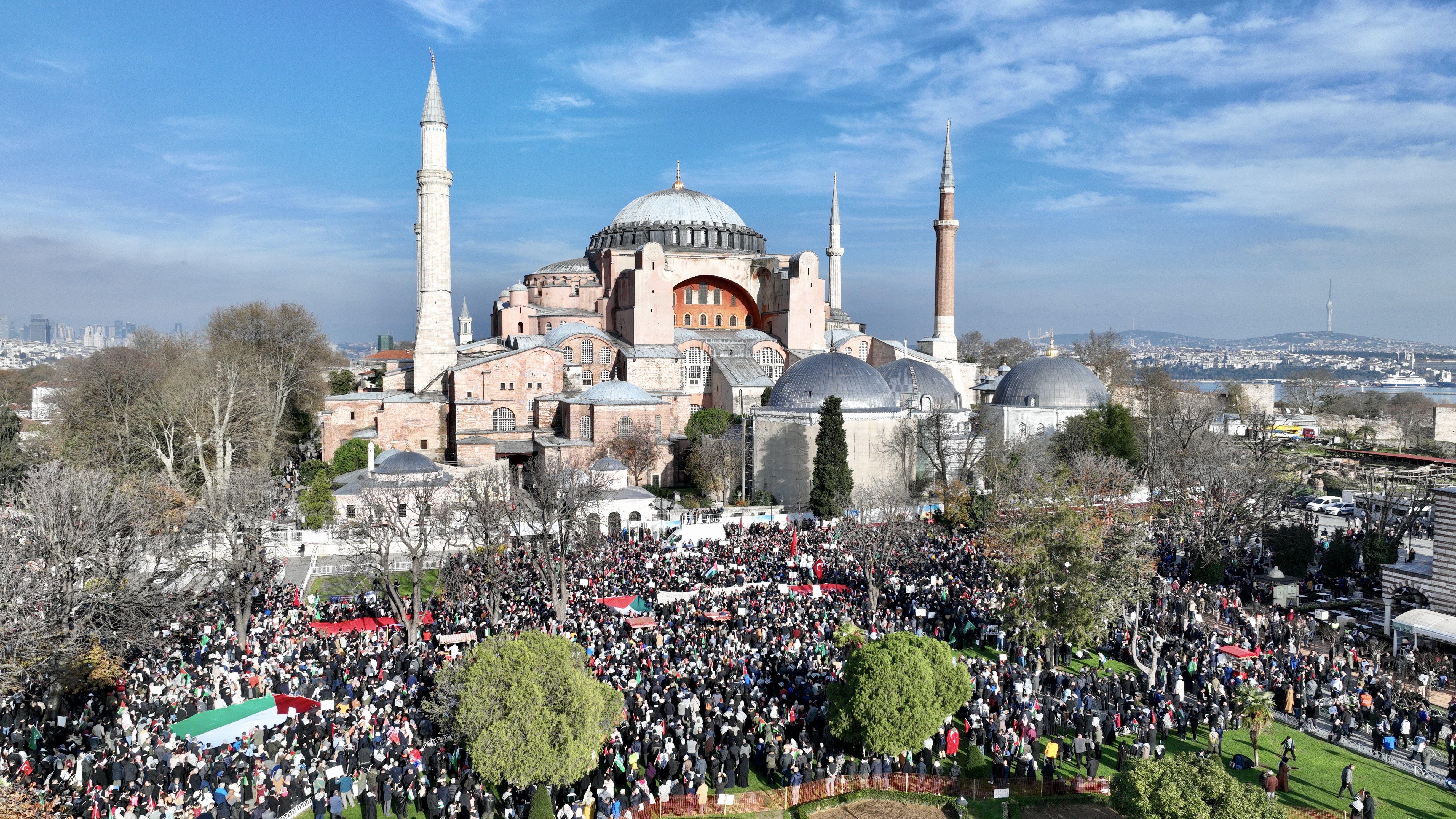 An aerial view of members of several non-governmental organizations gathering in front of the Hagia Sophia Grand Mosque as they stage a protest against Israeli attacks on Gaza on the occasion of December 10 World Human Rights Day in Istanbul, Turkiye.