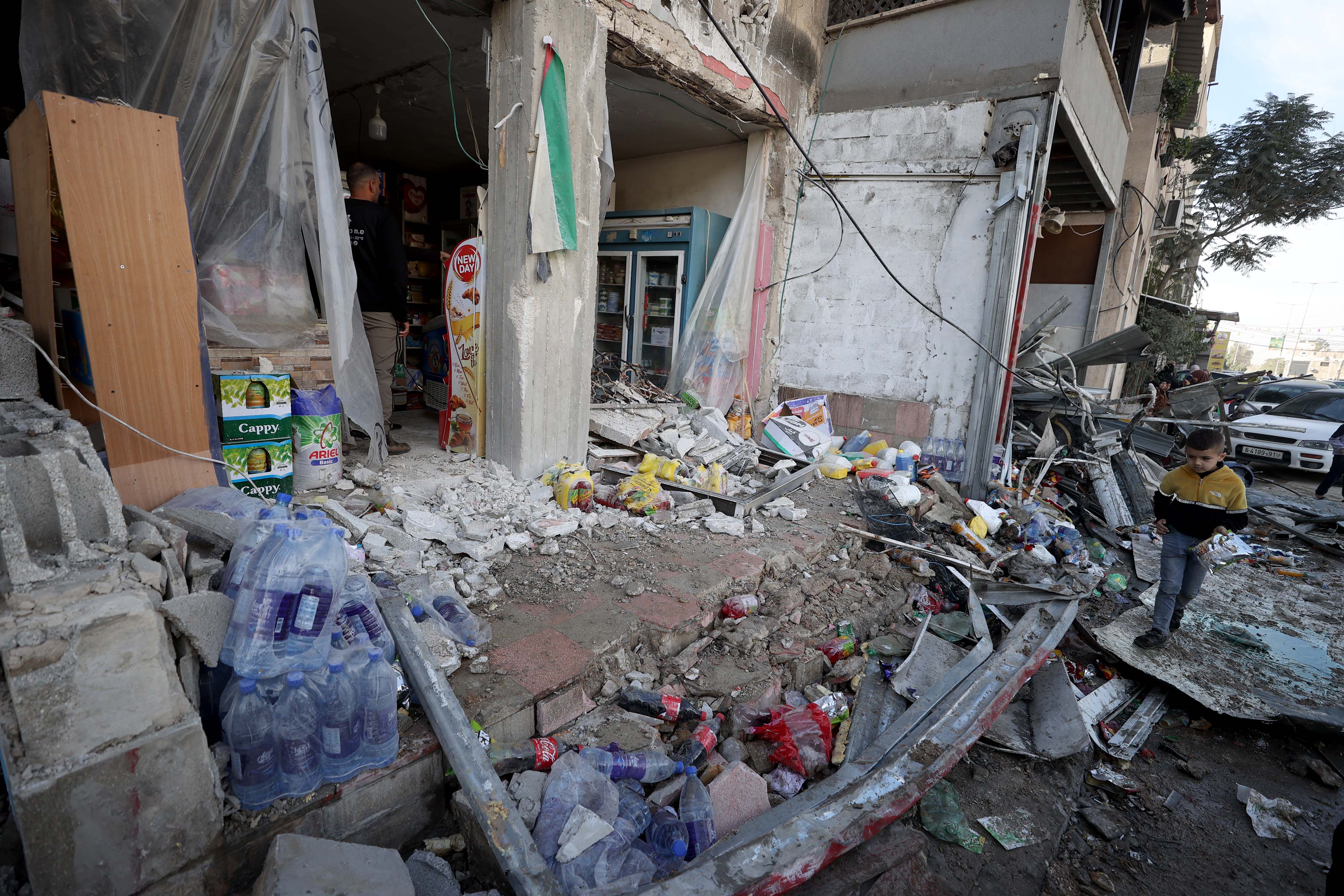 A view of destruction after 6 Palestinians killed in an Israeli attack carried out using unmanned aerial vehicles (UAV) targeting the Nour Shams refugee camp in Tulkarm, West Bank on December 17