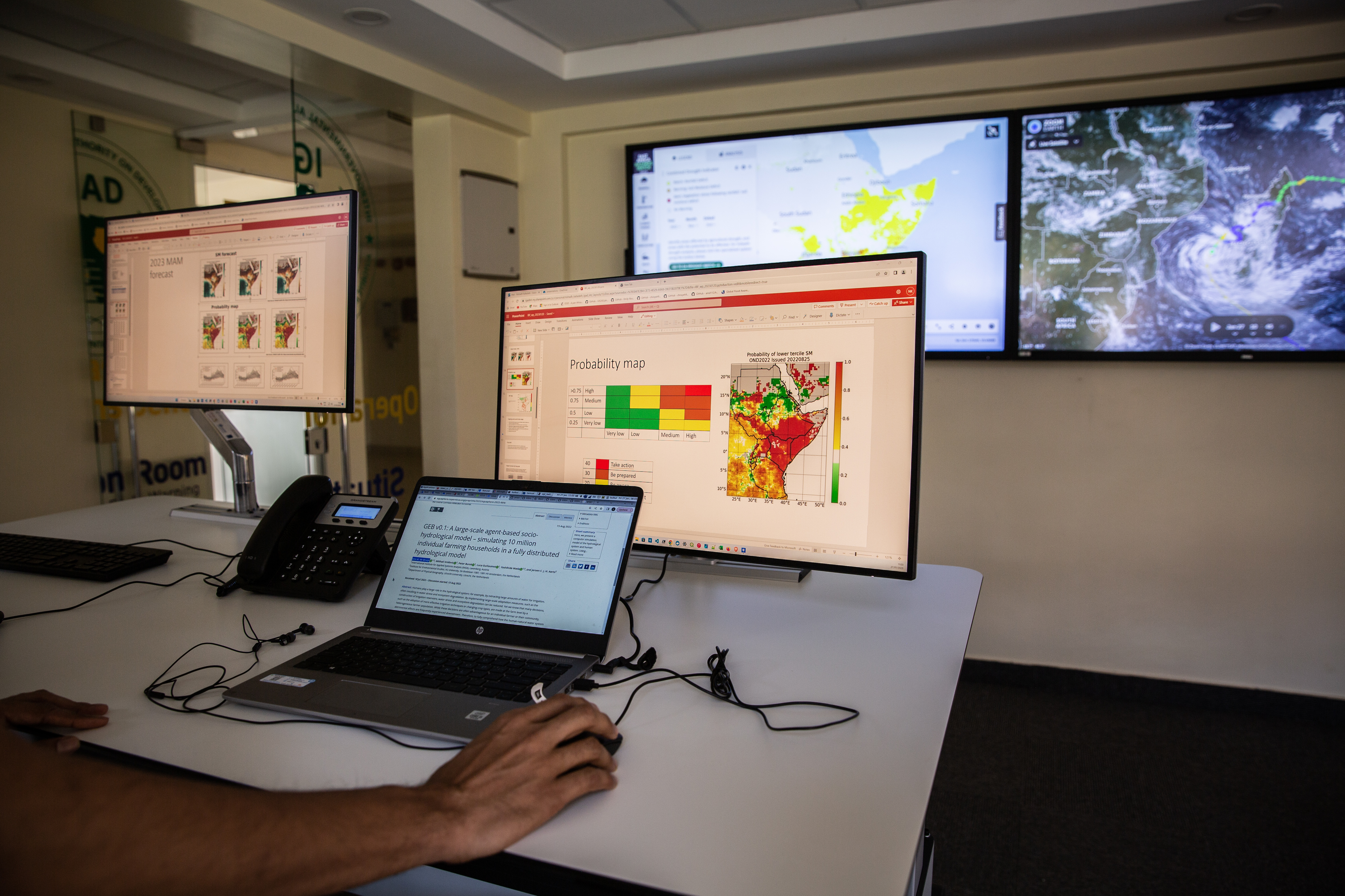 At the regional climate centre, ICPAC, data collected from the global system is broken down and analysed. ICPAC issues seasonal, monthly and weekly forecasts, seasonal outlooks and early warning systems for eleven countries in East Africa. The centre also monitors hazards and makes the information freely available to all through the East African Hazards Watch, the East Africa Drought Watch and the Agricultural Watch.