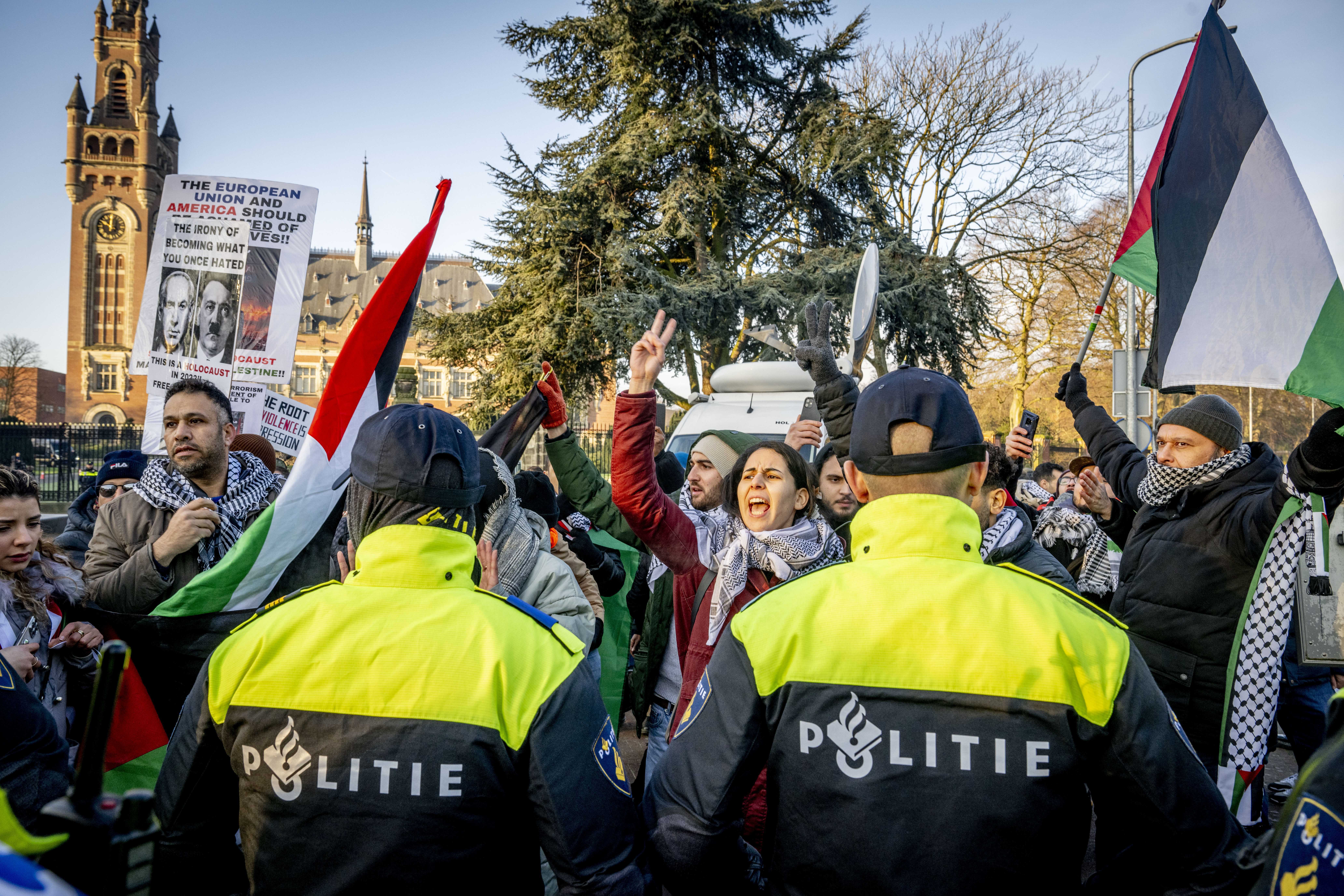 Pro-Palestinian demonstrators hold Palestinian flags as they protest near the International Court of Justice (ICJ