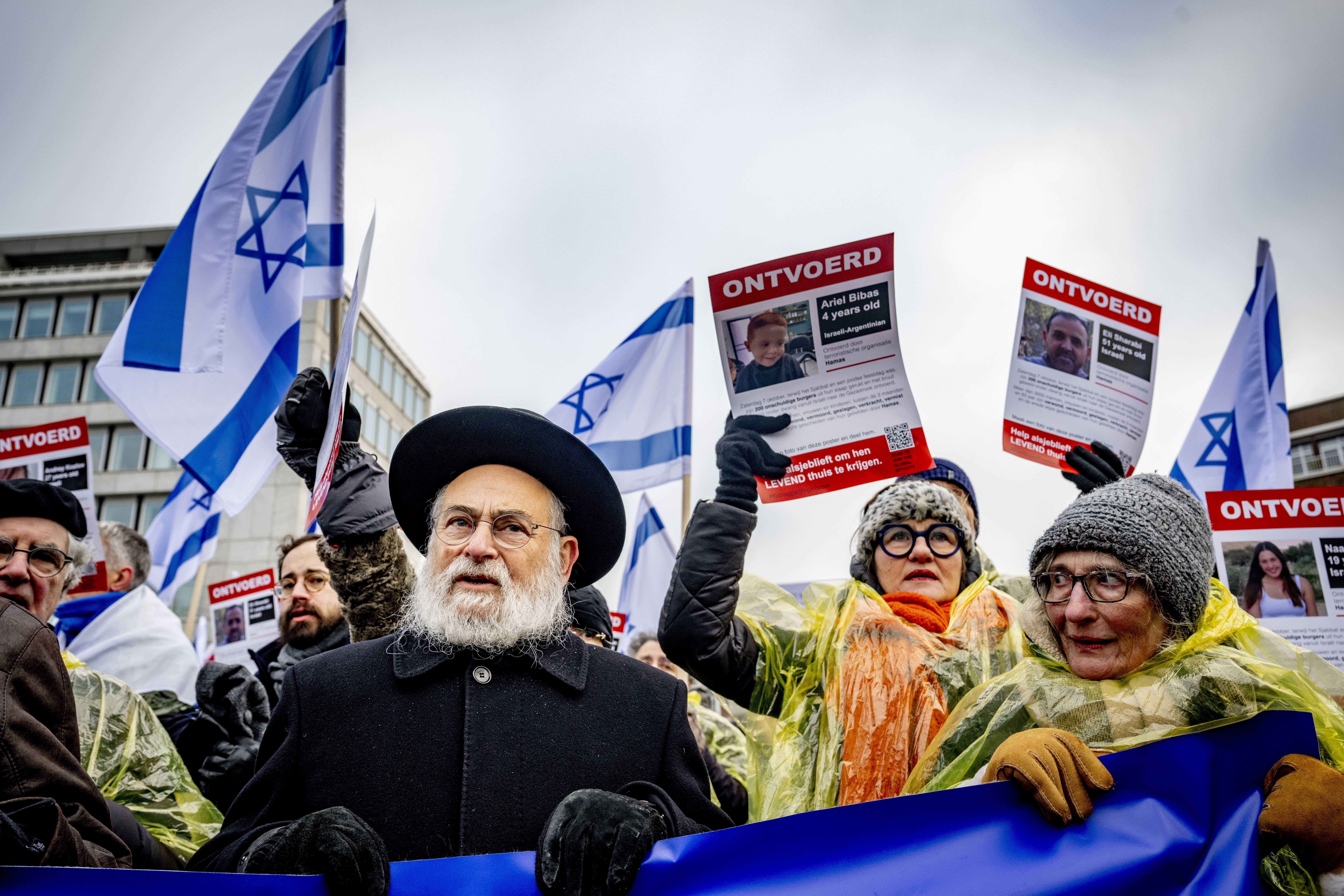 Pro-Palestinian demonstrators hold Palestinian flags as they protest near the International Court of Justice (ICJ