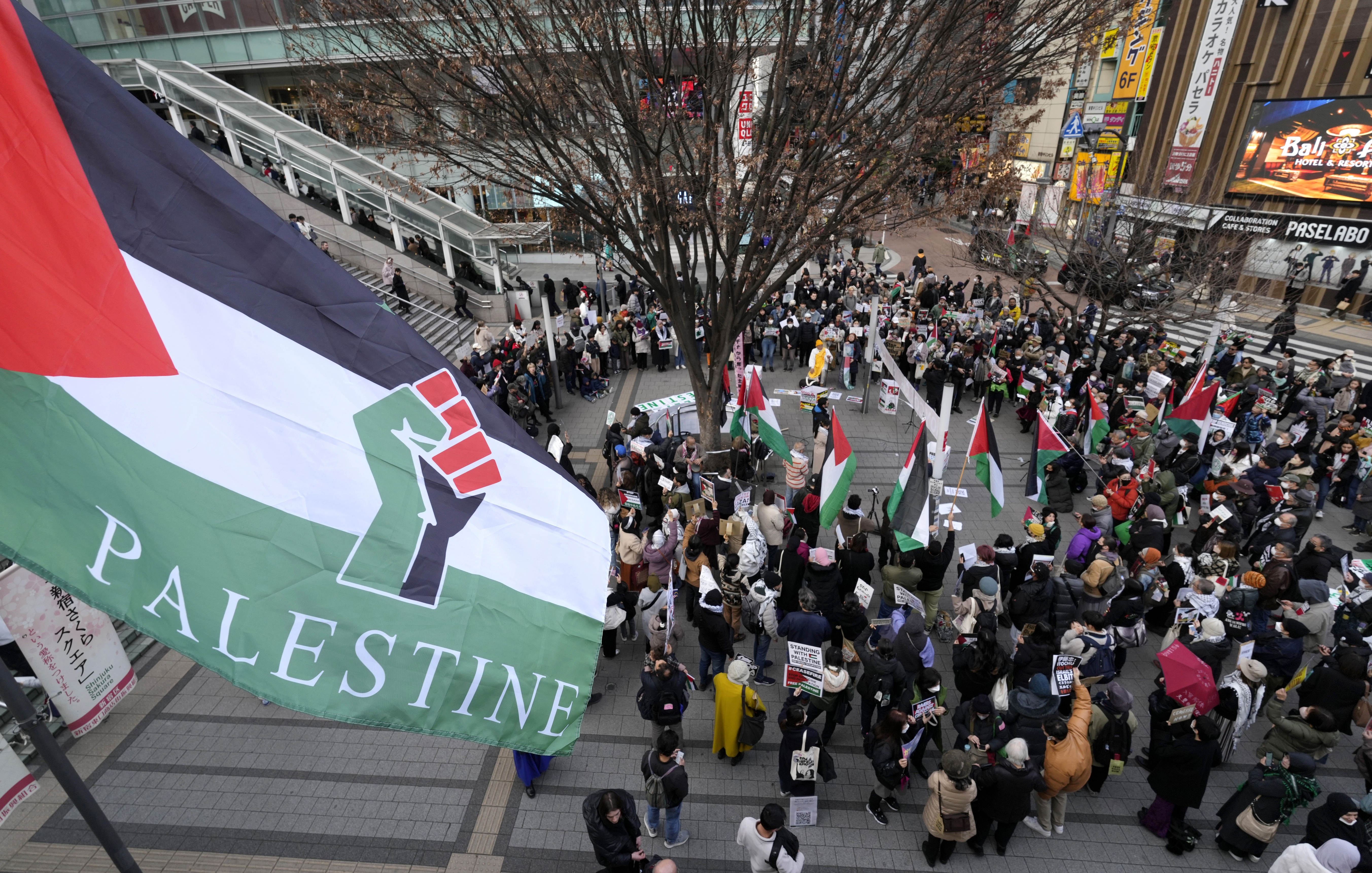 Demonstrators hold banners and wave Palestinians flags during a rally in solidarity with the Palestinian people amid the ongoing conflict between Israel and Hamas in Tokyo, Japan