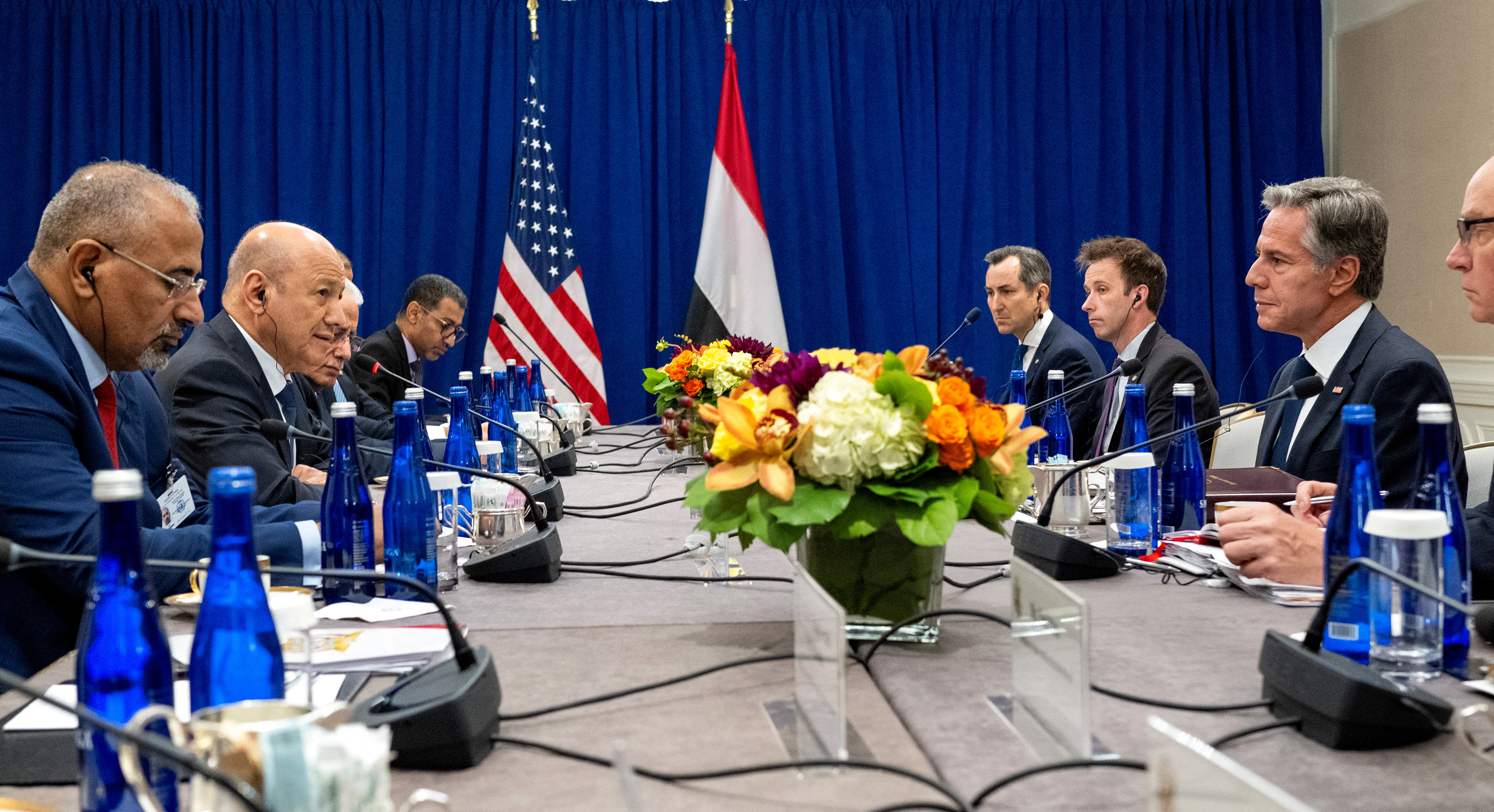 Secretary of State Antony Blinken listens as he meets with Rashad Al-Alimi, second from left, Yemen Chairman of the Presidential Leadership Council Monday, Sept. 18, 2023, in New York, U.S. Craig Ruttle/Pool via REUTERS