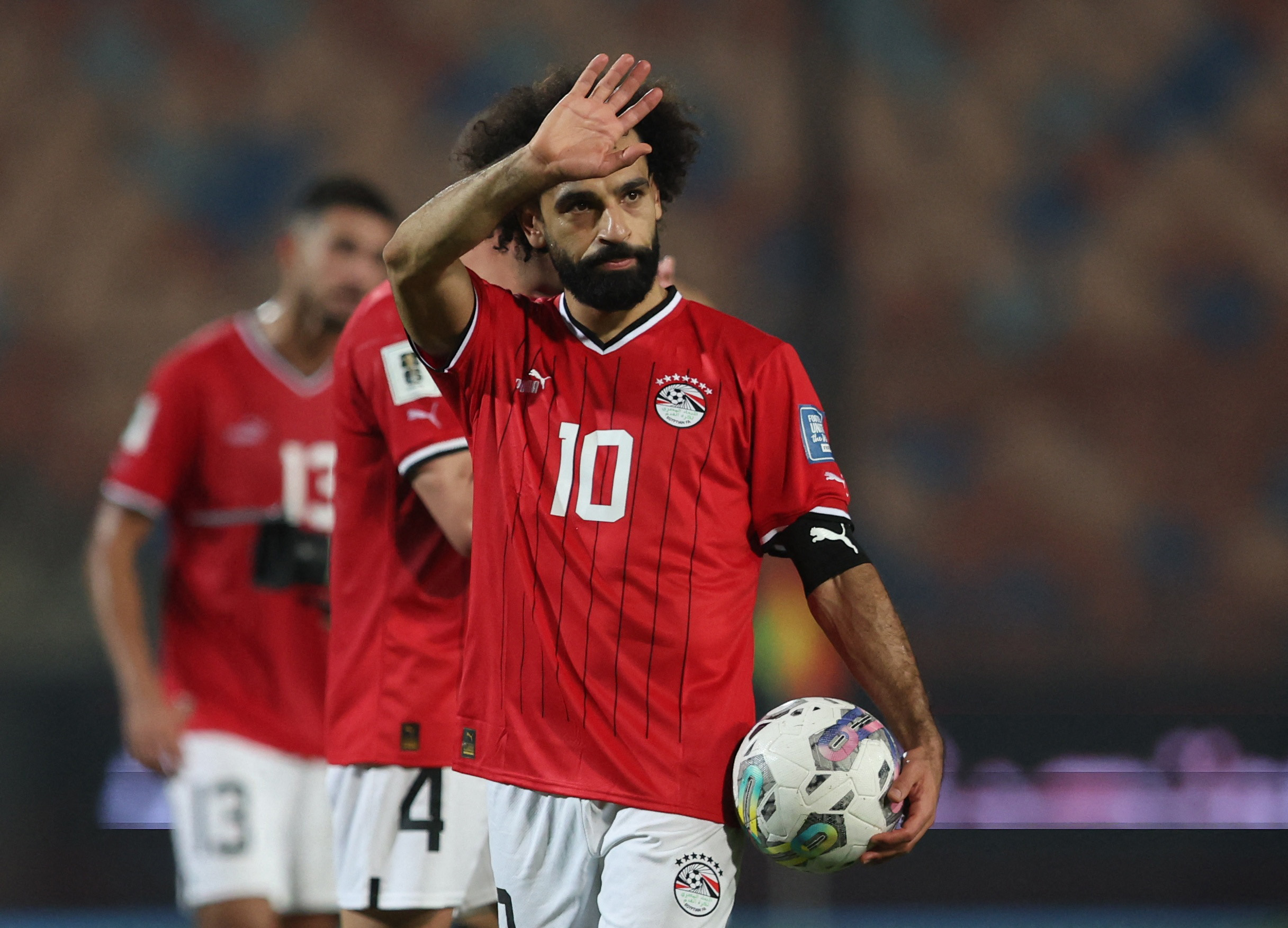 Soccer Football - World Cup - CAF Qualifiers - Group A - Egypt v Djibouti - Cairo International Stadium, Cairo, Egypt - November 16, 2023 Egypt's Mohamed Salah celebrates with a match ball after the match after scoring four goals REUTERS/Amr Abdallah Dalsh