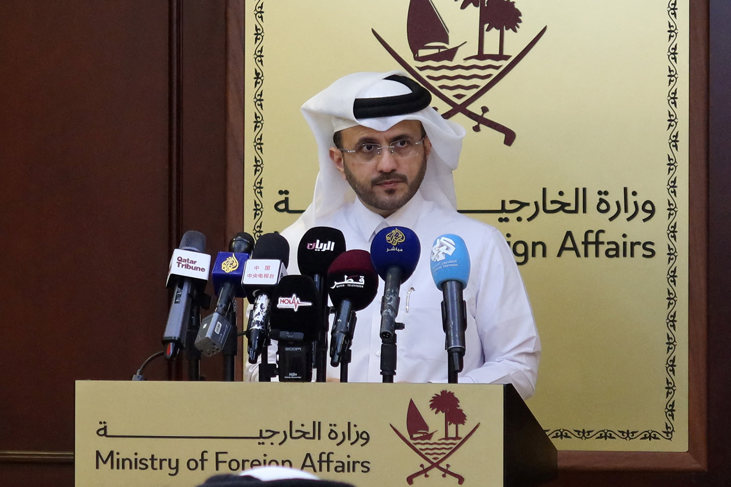 Majed al-Ansari, Qatar's Ministry of Foreign Affairs spokesperson, holds a weekly briefing in Doha, Qatar November 28, 2023