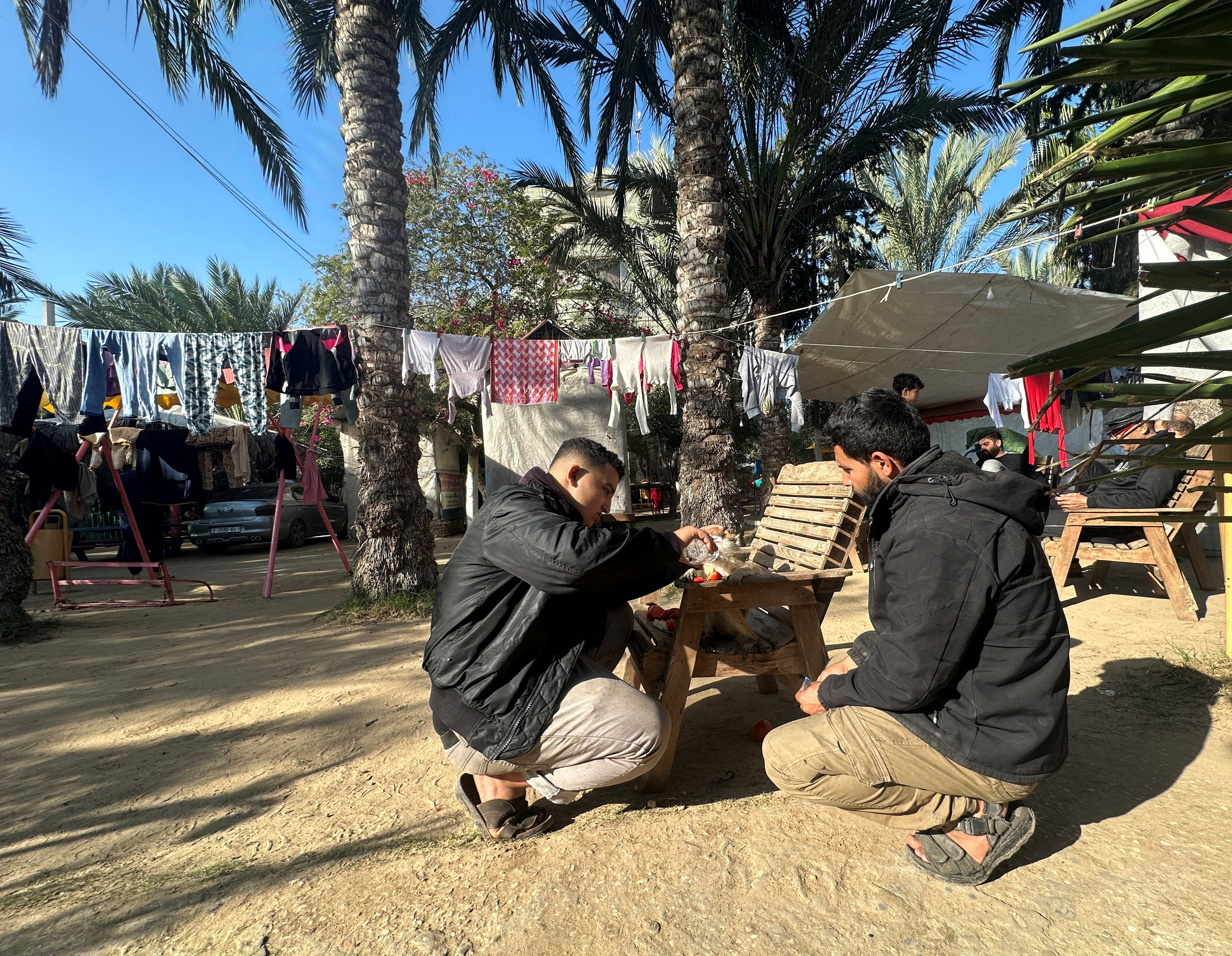 Palestinians give water to a monkey at a zoo, amid the ongoing conflict between Israel and Hamas, in Rafah in the southern Gaza Strip.