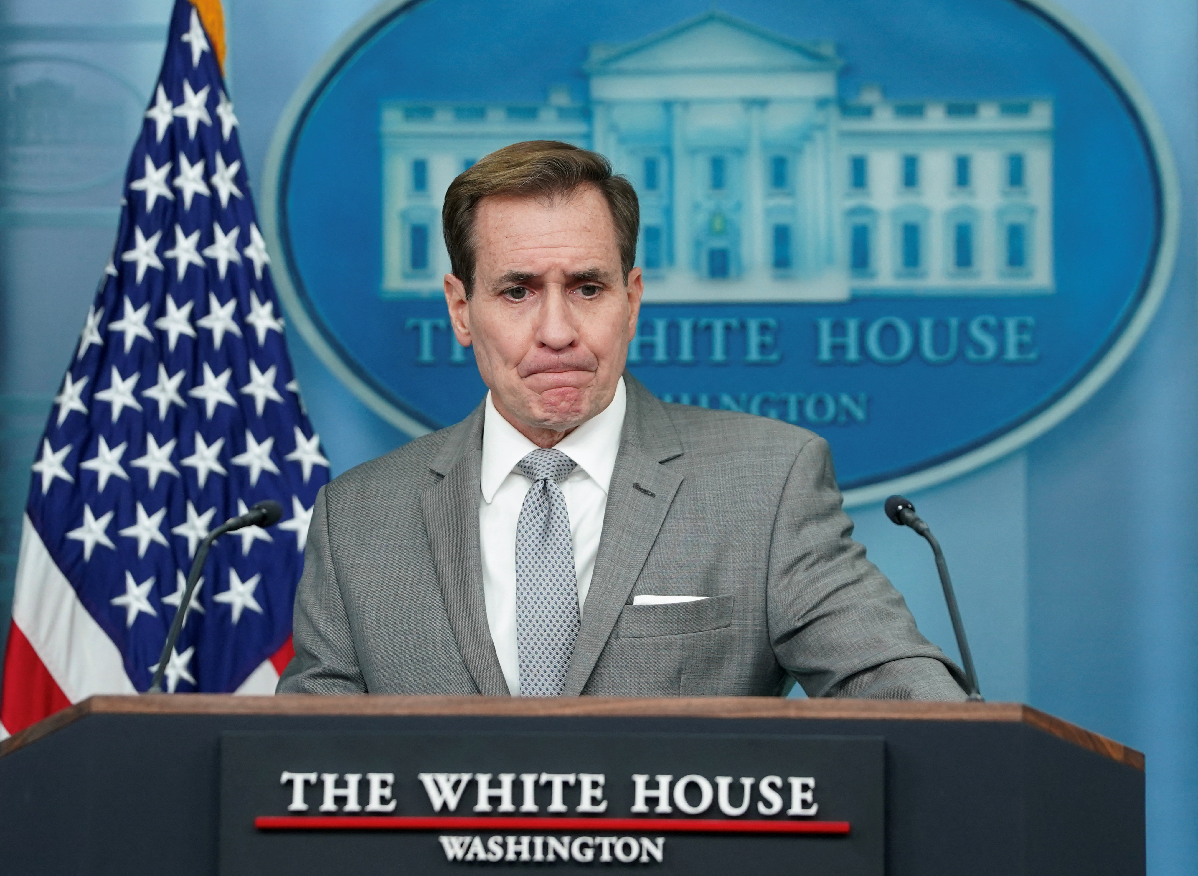 White House national security spokesperson John Kirby listens to a question during a press briefing at the White House in Washington, DC, on January 3, 2024. [Kevin Lamarque/Reuters]
