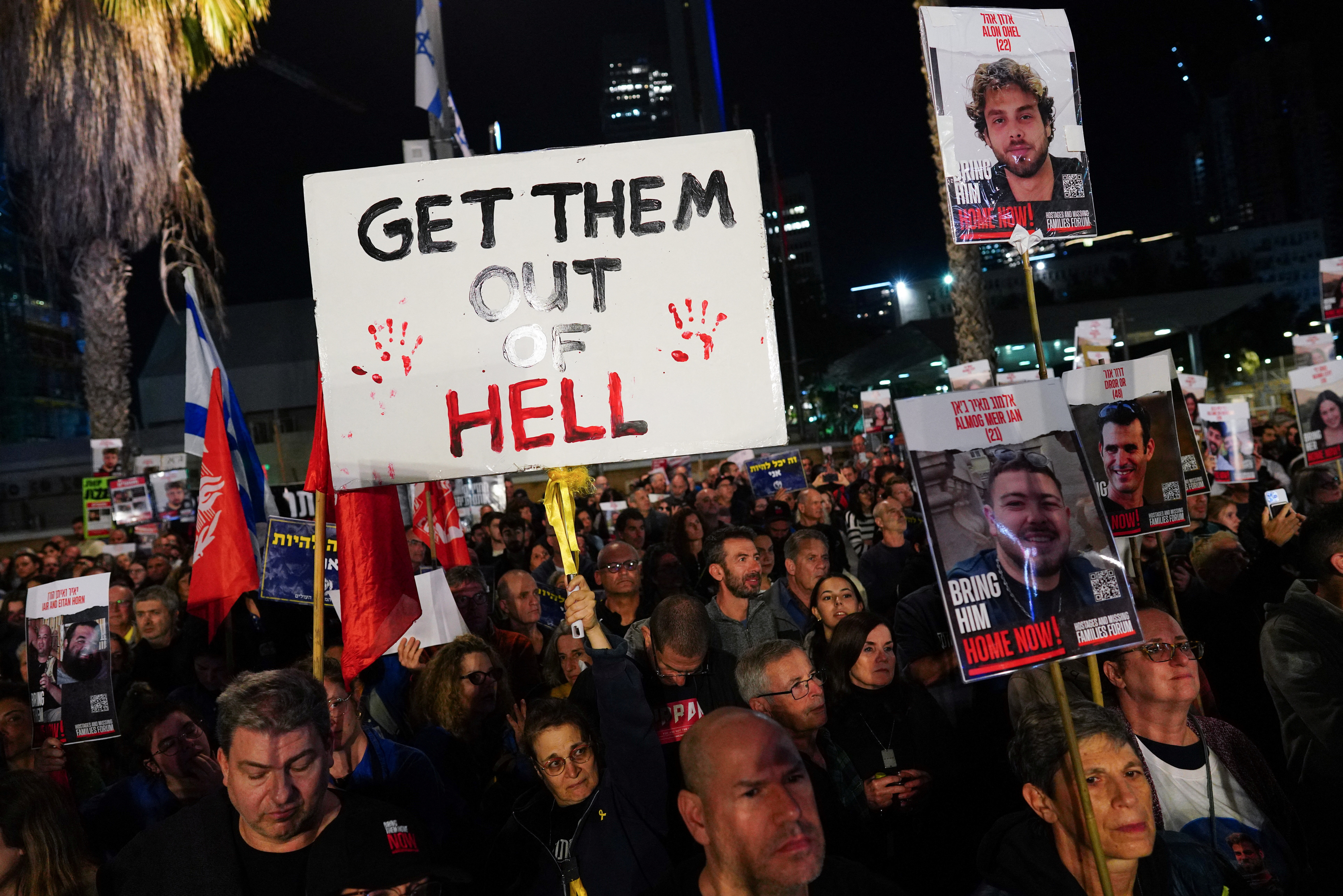Families of hostages and supporters protest to call for the release of hostages kidnapped on the deadly October 7 attack by Palestinian Islamist group Hamas, in Tel Aviv, Israel, January 6