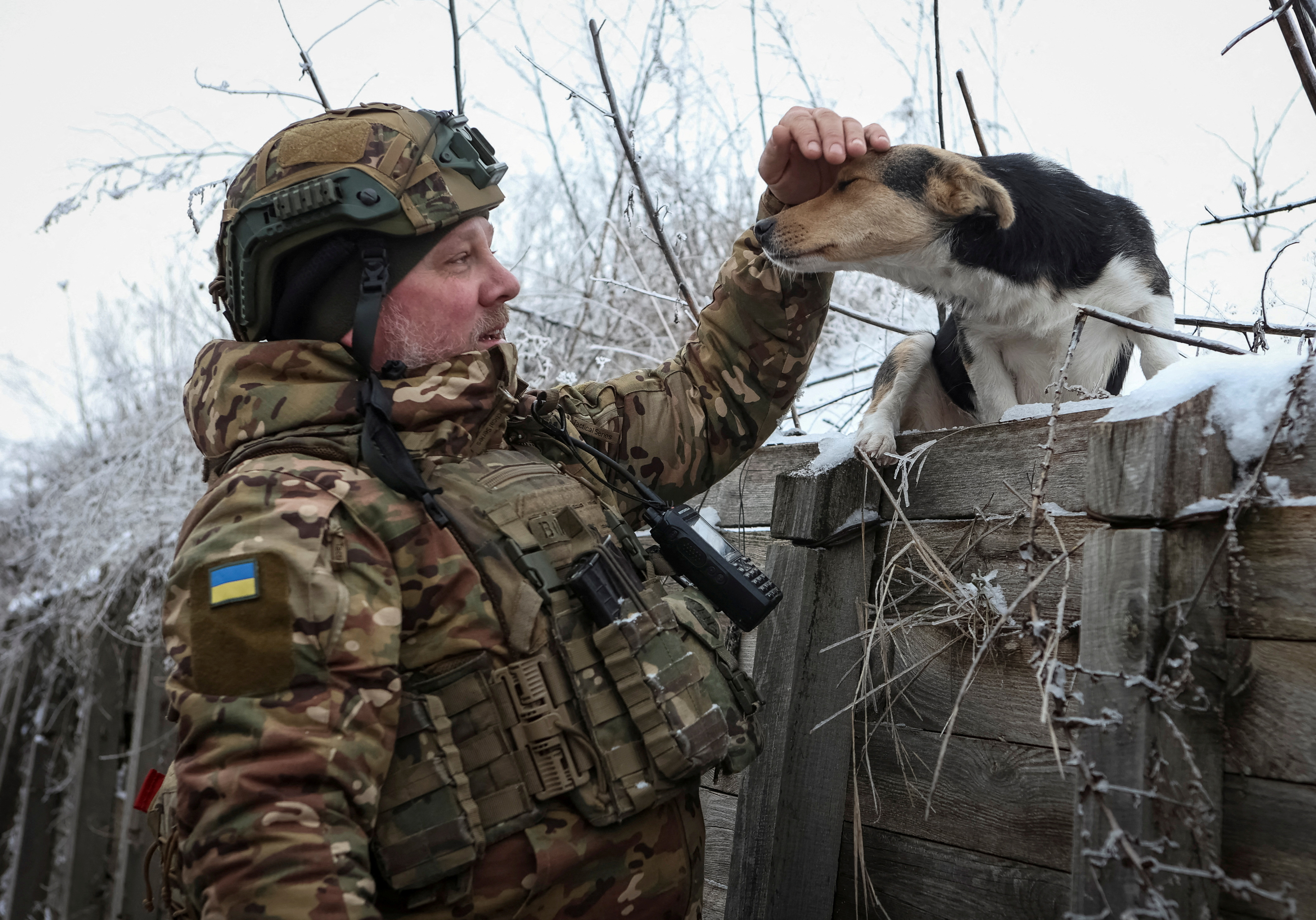 A Ukrainian soldier in a trench on the front line petting a dog
