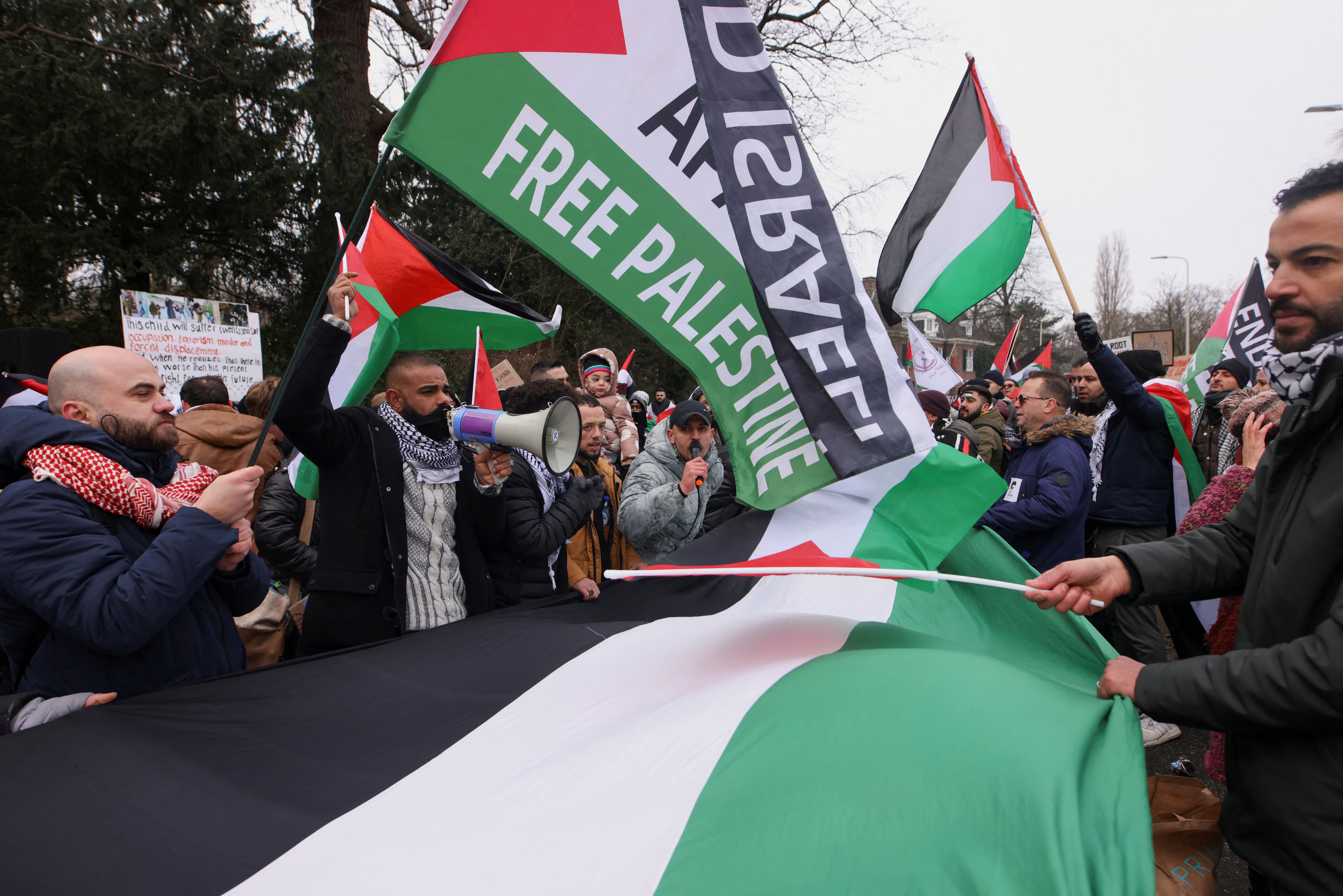 Pro-Palestinian demonstrators hold Palestinian flags as they protest near the International Court of Justice (ICJ