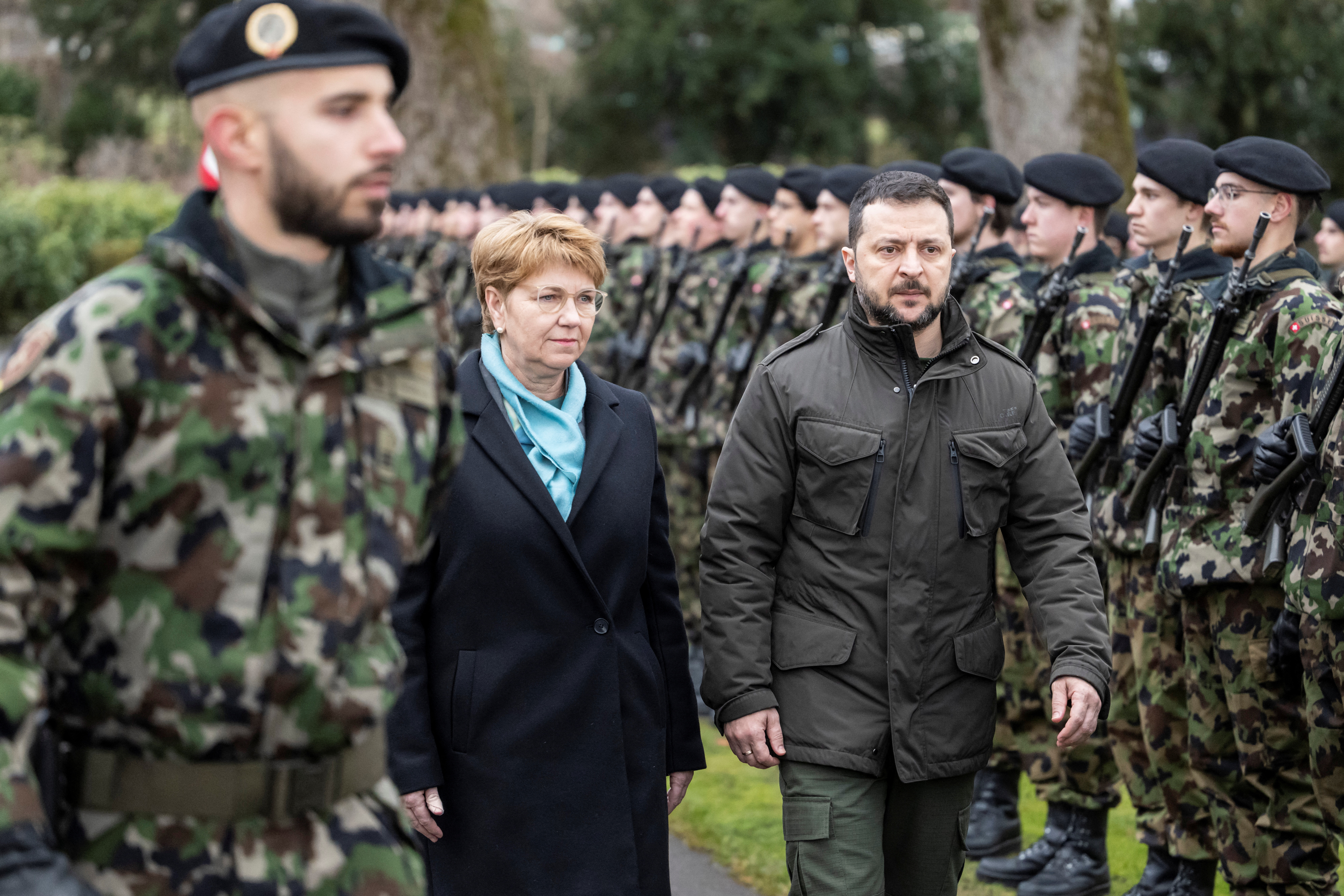 President of the Swiss Confederation Viola Amherd and Ukrainian President Volodymyr Zelenskiy inspect the guard of honour