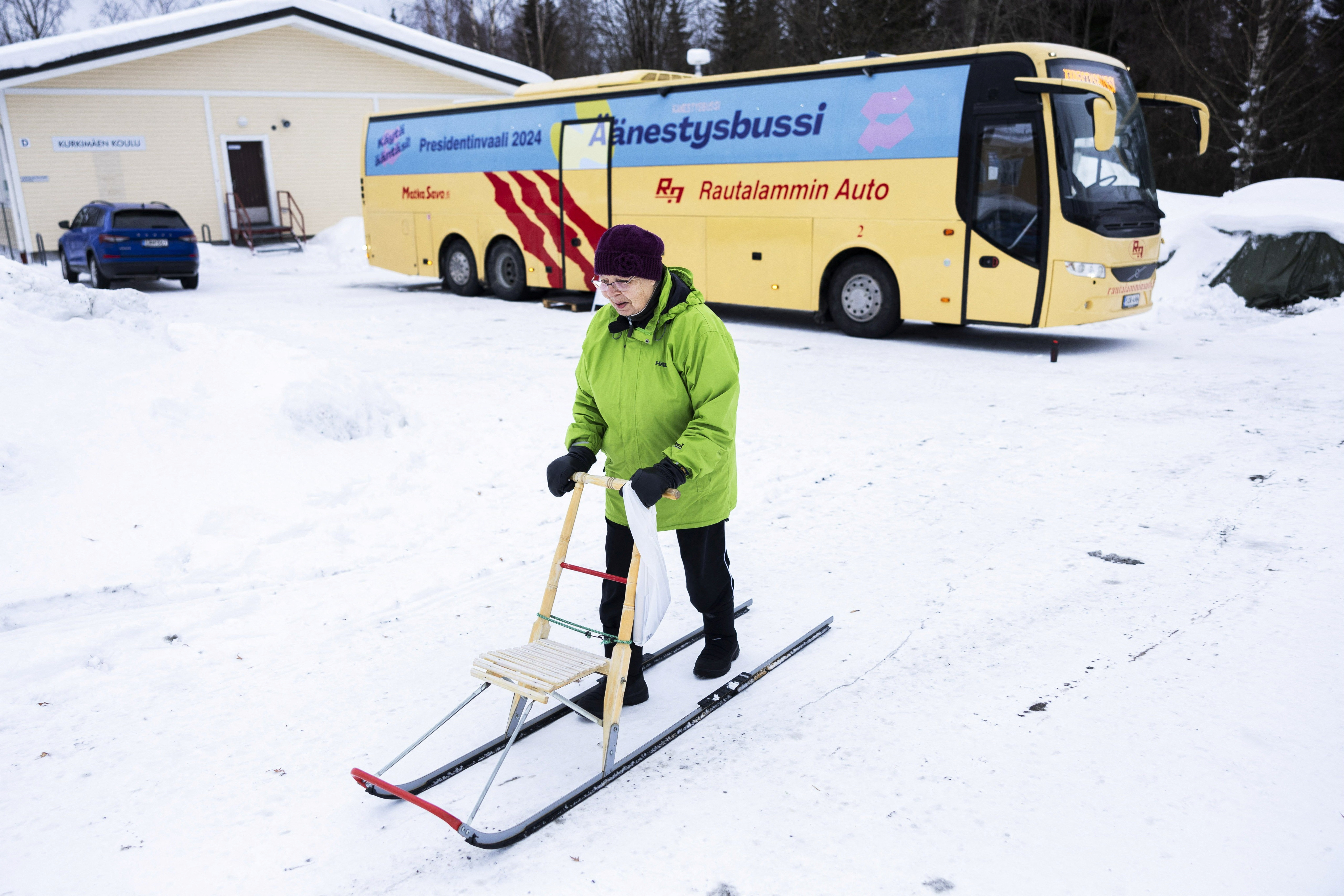Lea Raisanen arrives to cast her vote in advance in the Finnish presidential election at a mobile polling station in Kuopio, Finland, on January 23, 2024, the last day of advance voting. The election day of the first round of the Finnish presidential election is on Sunday, January 28. Lehtikuva/Matias Honkamaa via REUTERS ATTENTION EDITORS - THIS IMAGE WAS PROVIDED BY A THIRD PARTY. NO THIRD PARTY SALES. NOT FOR USE BY REUTERS THIRD PARTY DISTRIBUTORS. FINLAND OUT. NO COMMERCIAL OR EDITORIAL SALES IN FINLAND.