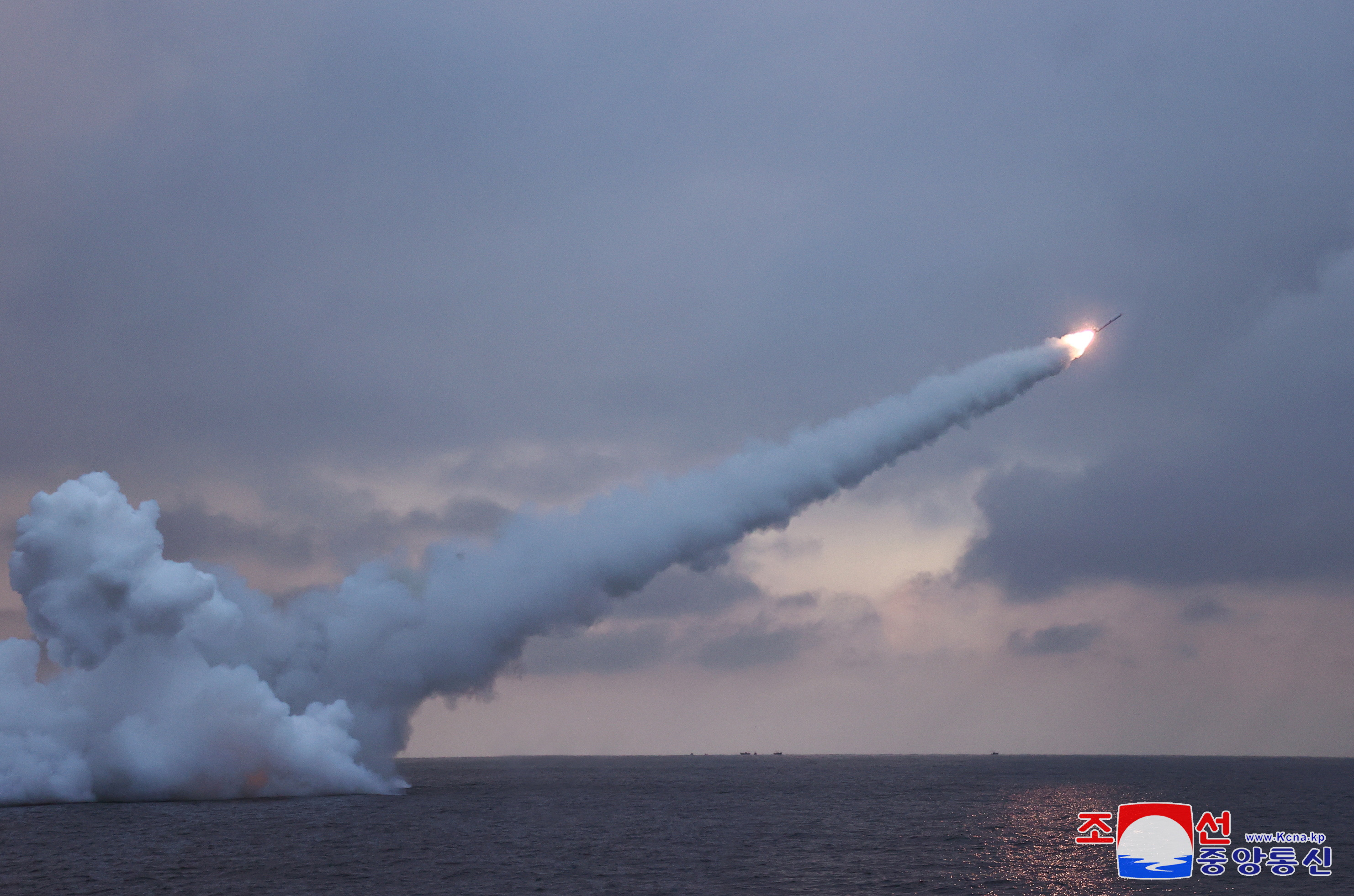 A North Korean cruise missile taking off. There's lots of white smoke and flame.