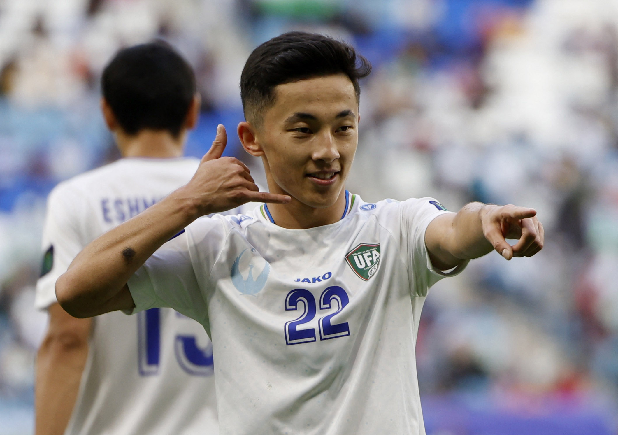 Soccer Football - AFC Asian Cup - Round of 16 - Uzbekistan v Thailand - Al Janoub Stadium, Al Wakrah, Qatar - January 30, 2024 Uzbekistan's Abbosbek Fayzullayev celebrates scoring their second goal REUTERS/Thaier Al-Sudani